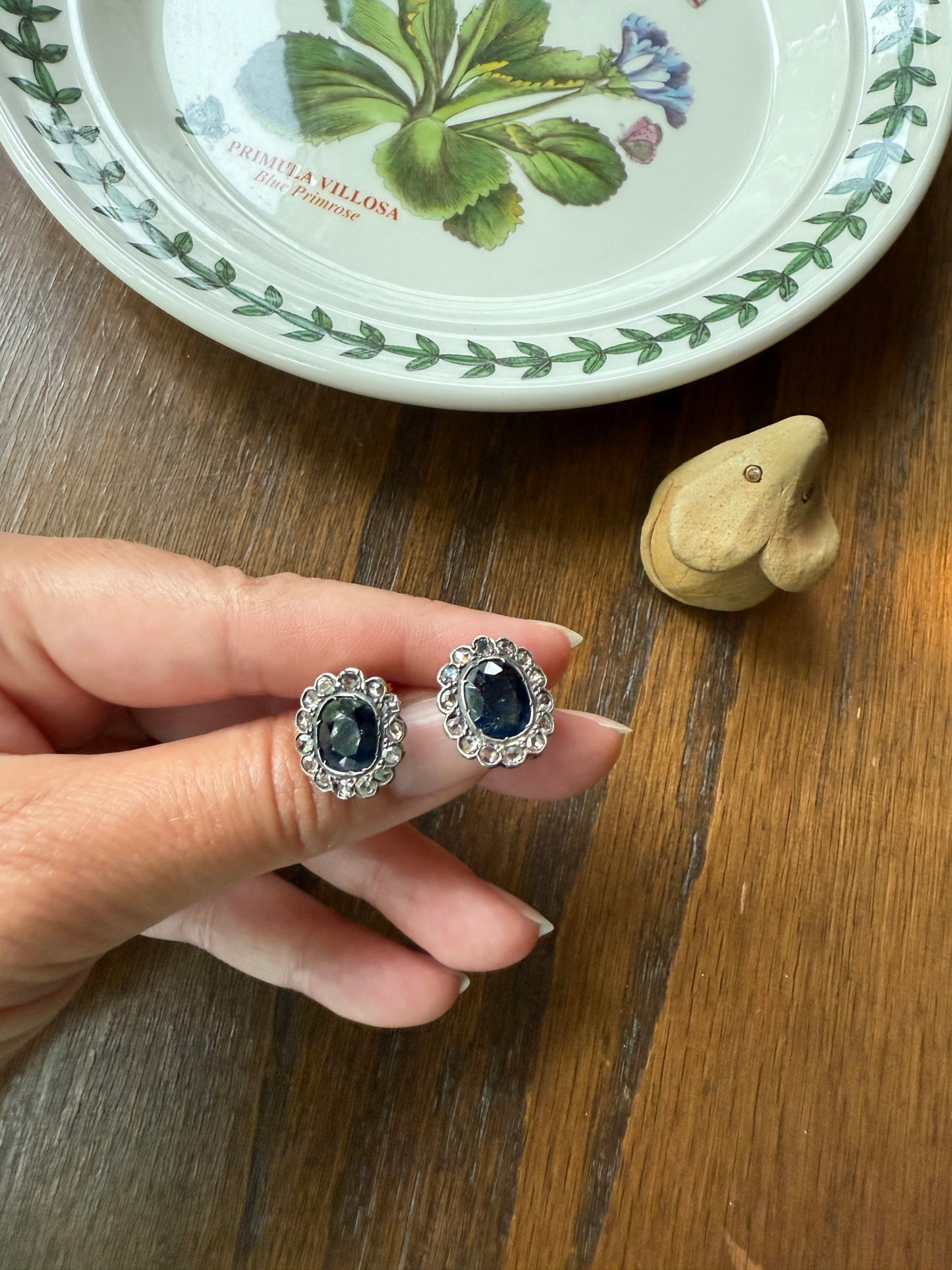 ANTIQUE Oval Natural SAPPHIRE Rose Cut DIAMOND Halo Large Stud Earrings 18k Gold Silver Topped Blue