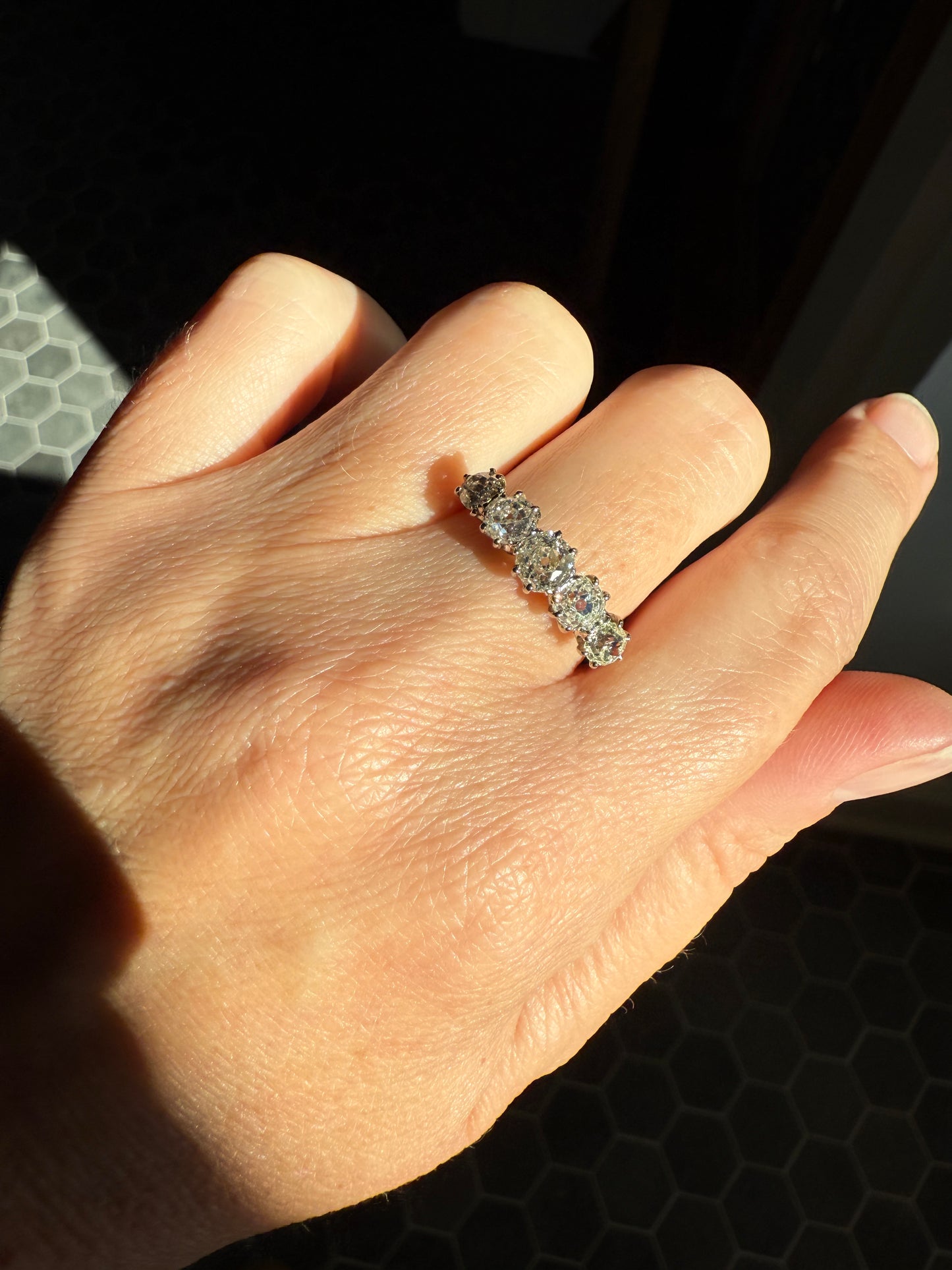 Five Stone Victorian Antique 1.75 CARAT Old Mine Cut DIAMOND Tall Stacker Ring 18k Gold Skinny Band Wedding Anniversary