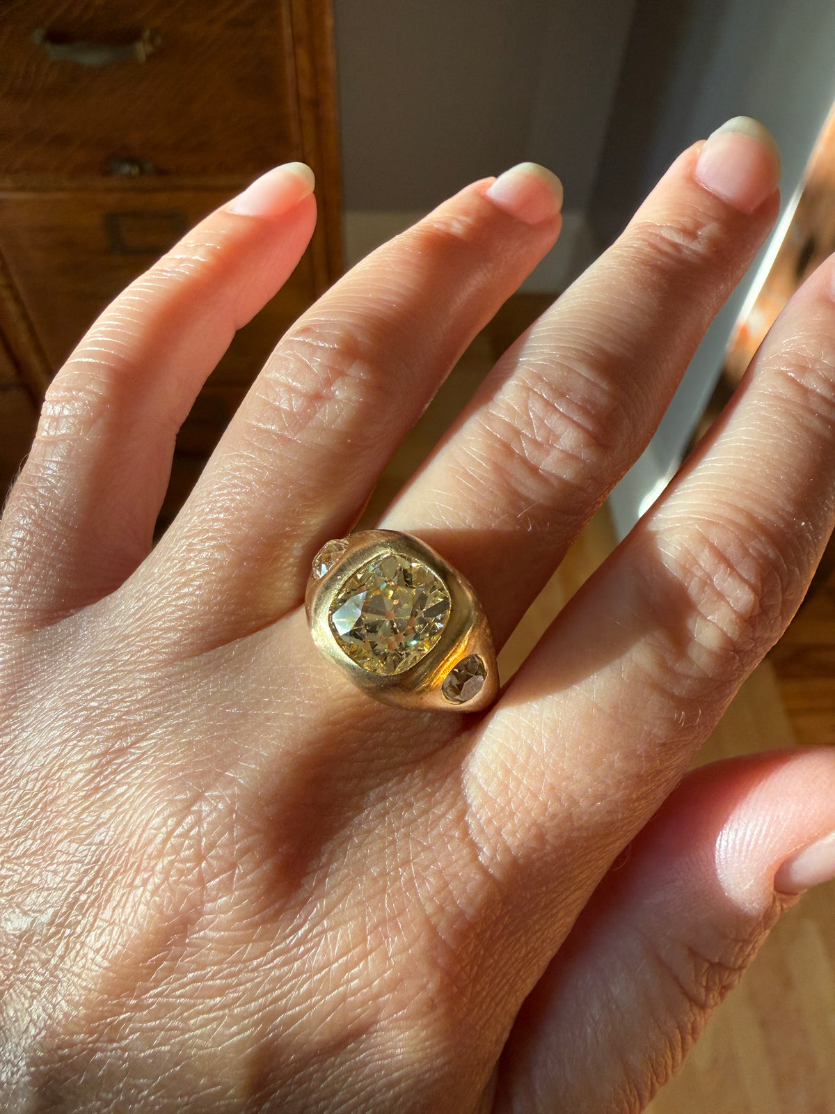 HEAVY 5.2 Carats Eye Clean Natural Antique Old Mine Cut Diamond Three Stone Gypsy Ring 14.5g 18k Gold Matte Band Stacker Man Unisex Chunky