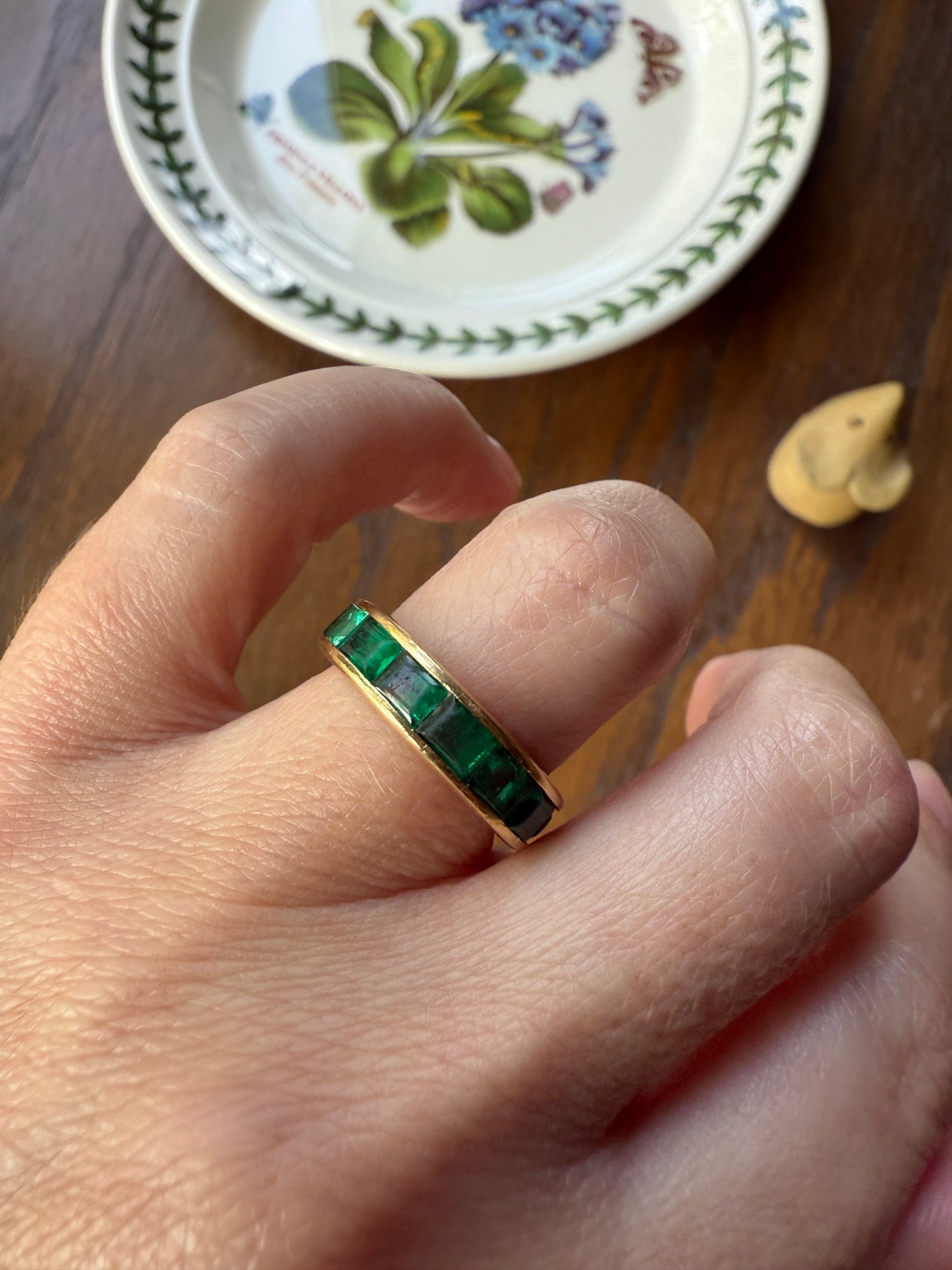 Vintage 5mm Channel Set 14 EMERALD Full ETERNITY Band Ring 18k Gold 2.25 Carat Skinny Line Stacker French Chunky Green