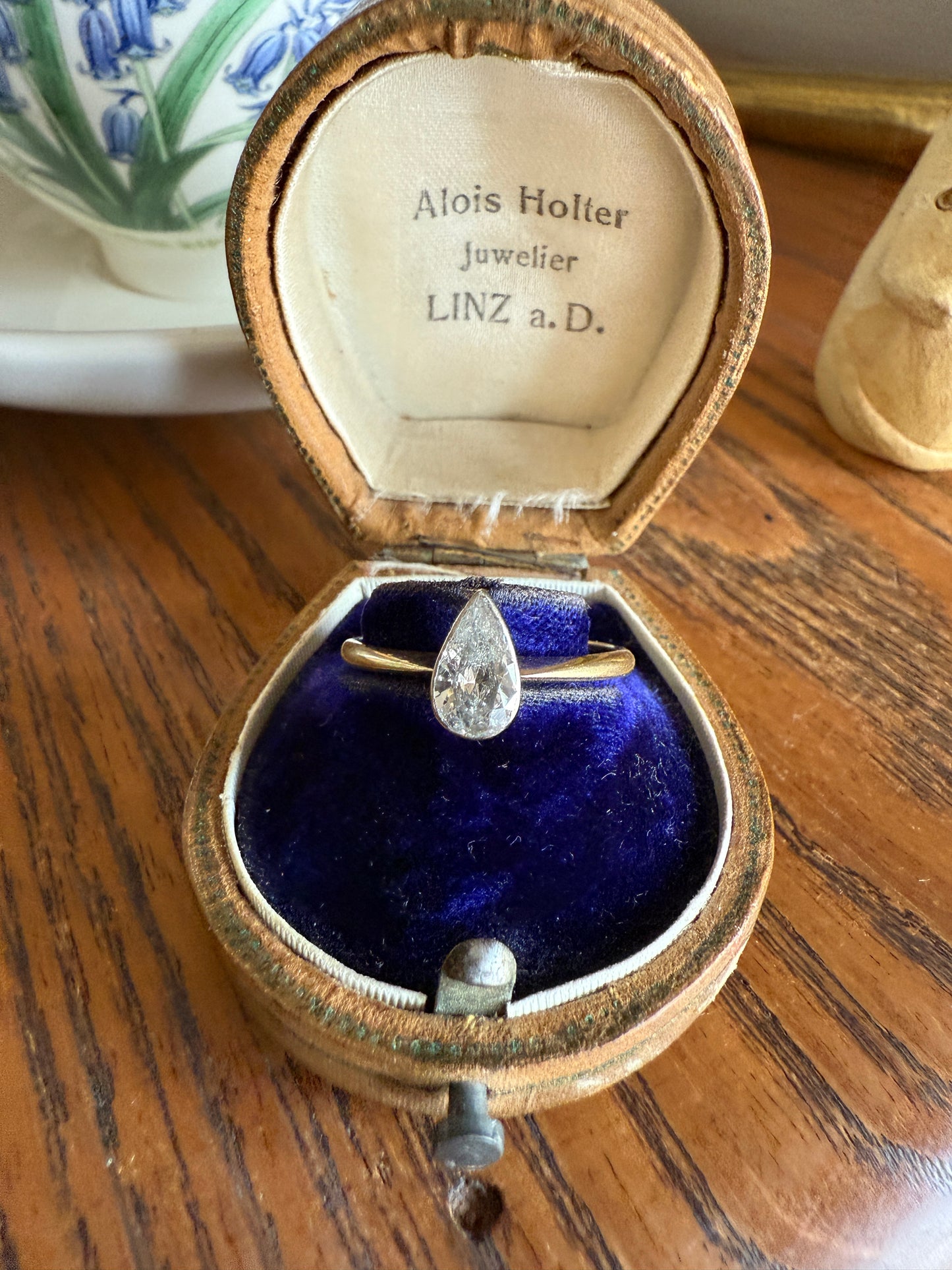 Vintage PEAR Natural Diamond Solitaire Ring One Carat 18k Gold Bezel Set Knife Edge Band Engagement Stacker