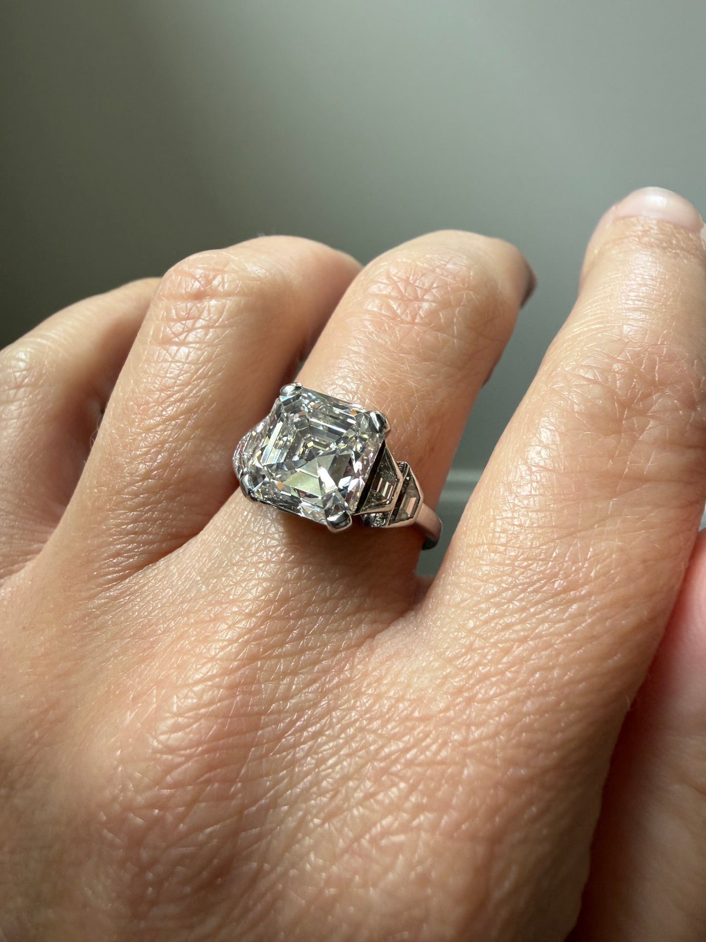 Exceptional 4 Carat Square Step Cut Diamond Solitaire Ring French PLATINUM w/ Trapezoid Accents Vintage to Art Deco 4.5Ctw Faces Eye CLEAN