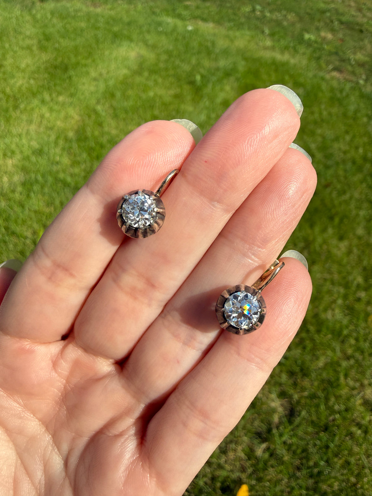 Original Antique Two Carats Tdw Natural Old Mine Cut Diamond Earrings 14k Gold Silver Collets Victorian Dangle Dormeuse Gift 2Ctw