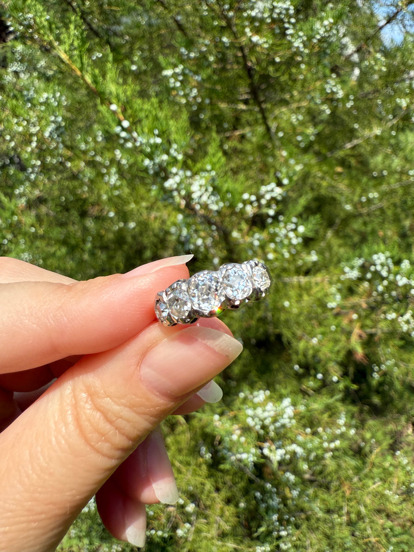 CHUNKY 1.5 Carat Five Stone Old Mine Cut Diamond Band French Antique Platinum Ring Stacker