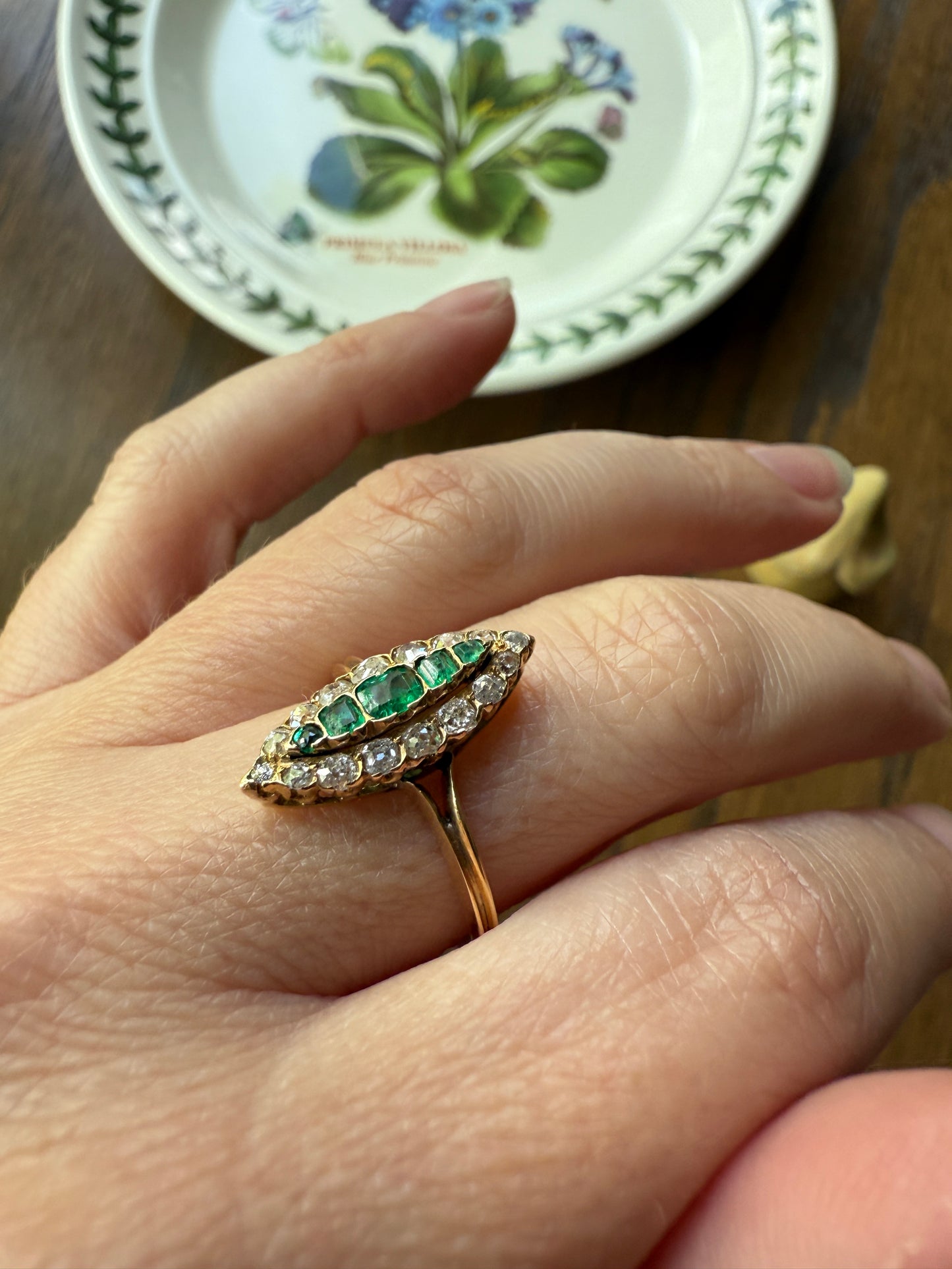 Emerald Five Stone Antique Old Mine Cut DIAMOND Halo Navette Ring 18k Gold Skinny Green Sparkle Stacker Victorian