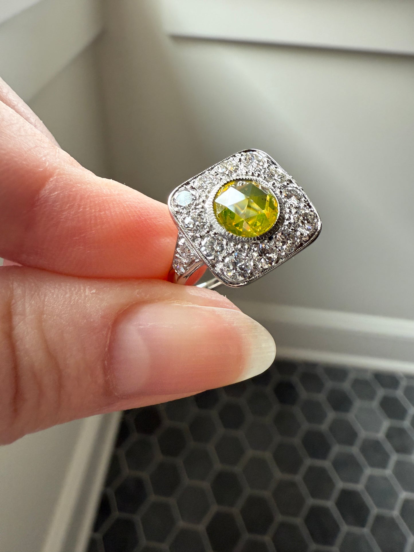Vintage .8 Carat Fancy Greenish Yellow Natural ROSE CUT Diamond 1.8 Ctw Transitional Cut Boxed Cobblestone Panel Ring Platinum Lemon Lime