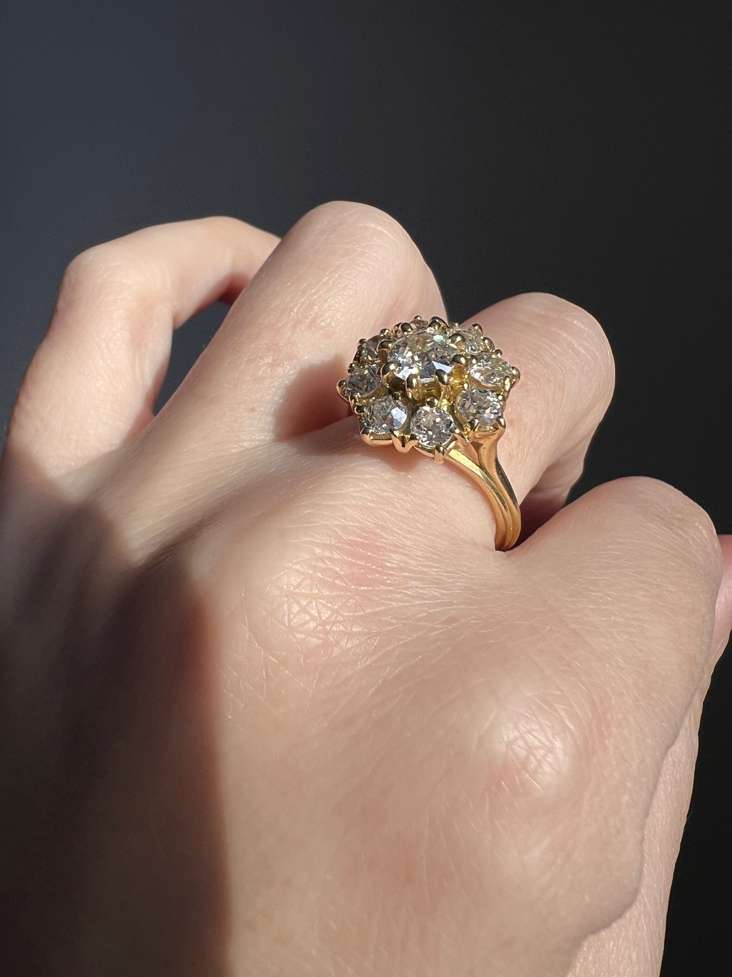 Tall ANTIQUE 1.8 Carat 9 Old Mine Cut DIAMOND Daisy Cluster Ring 18k Yellow Gold French Antique