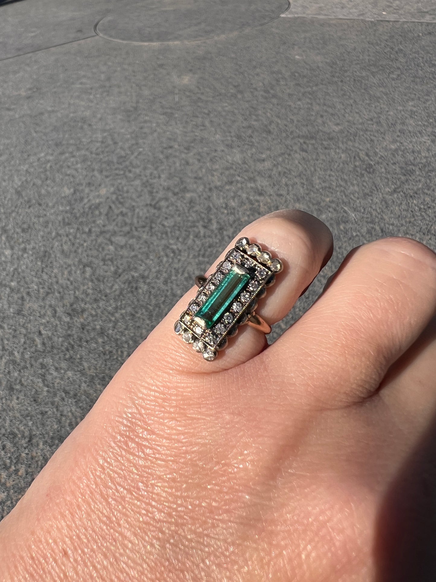 VICTORIAN Antique Emerald Cut Blue Green Tourmaline .5 Carat Rose & Single Cut Diamond Halo Panel Ring 14k Gold