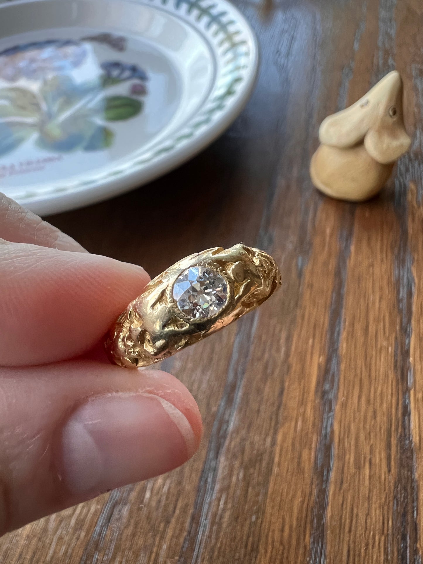 Handsome DEVIL Antique Old Mine Cut DIAMOND Ring 8g 18k Gold FACES Chunky Ring French Art Nouveau Figural 3D