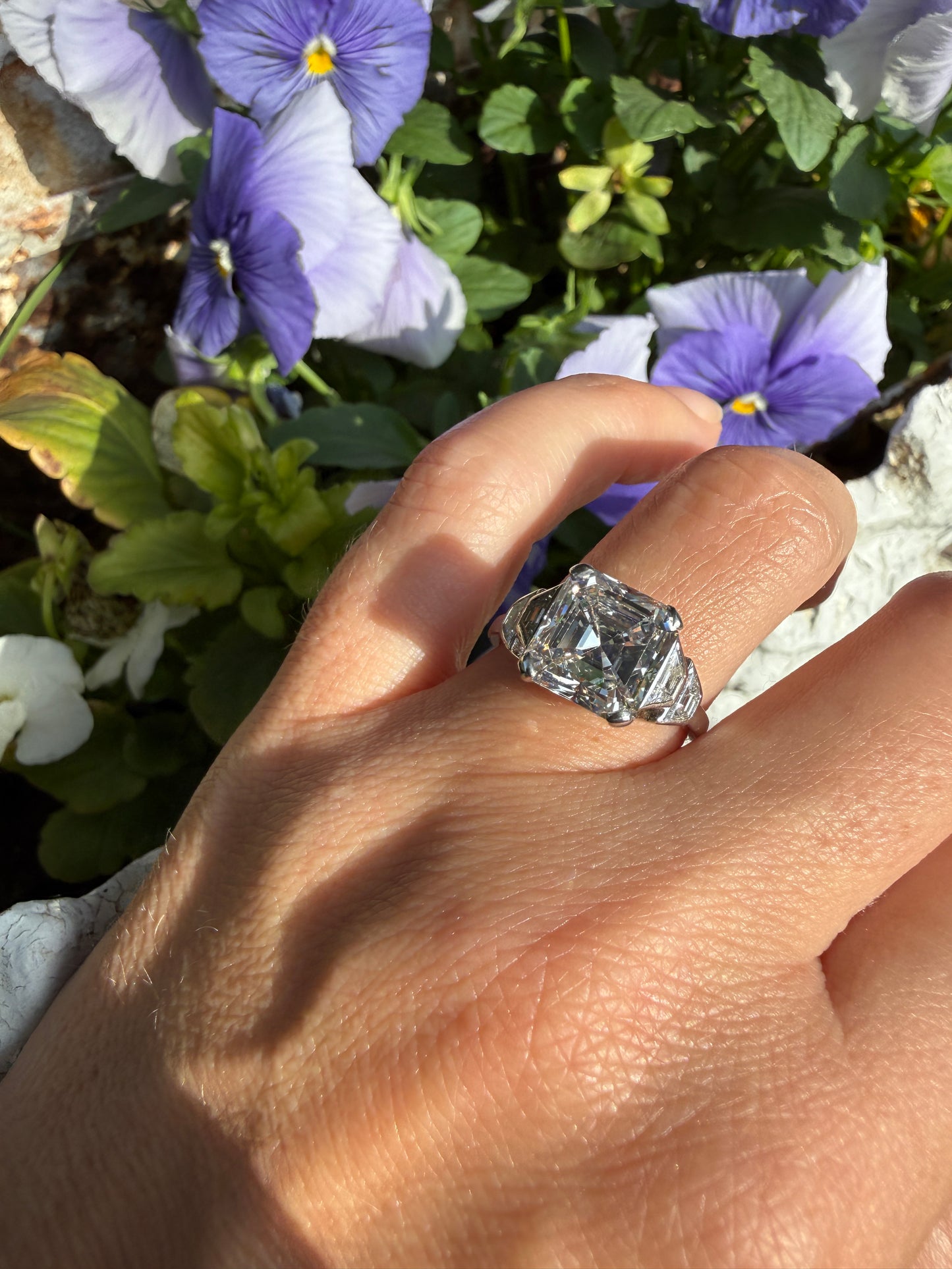 Exceptional 4 Carat Square Step Cut Diamond Solitaire Ring French PLATINUM w/ Trapezoid Accents Vintage to Art Deco 4.5Ctw Faces Eye CLEAN