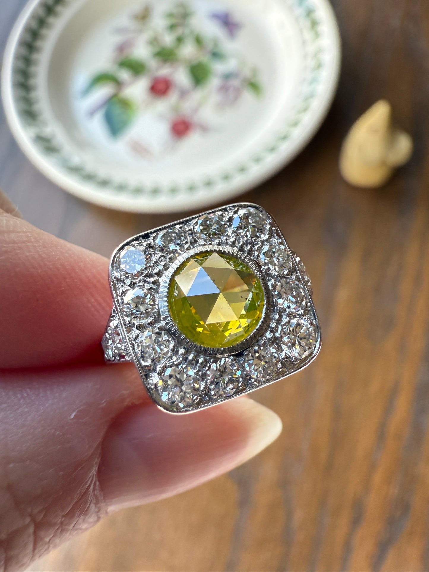 Vintage .8 Carat Fancy Greenish Yellow Natural ROSE CUT Diamond 1.8 Ctw Transitional Cut Boxed Cobblestone Panel Ring Platinum Lemon Lime