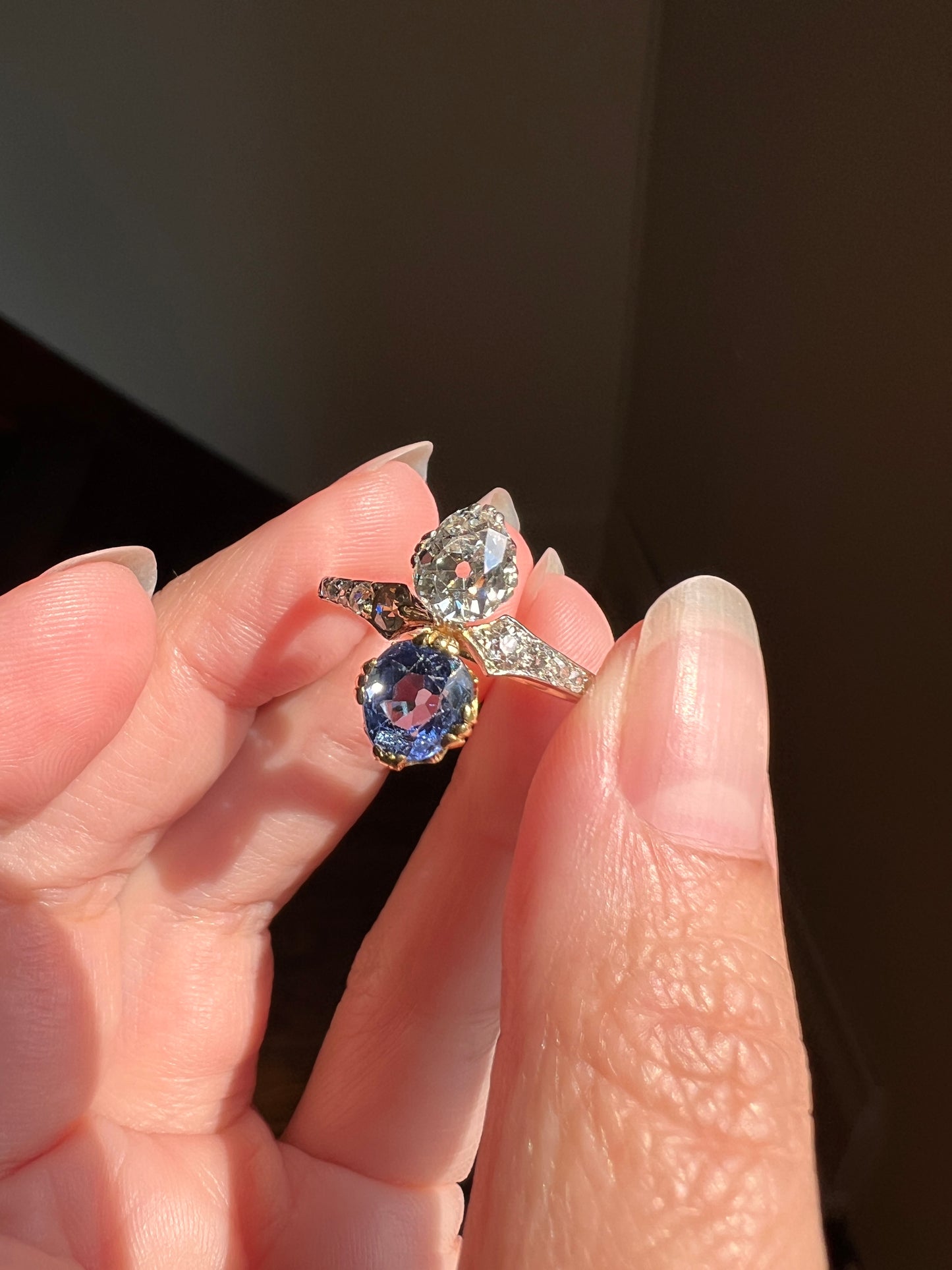 Antique No Heat PEAR Natural Ceylon SAPPHIRE Old Mine Cut DIAMOND Toi et Moi Ring 1 Carat Tdw French 18k Gold Platinum Ring