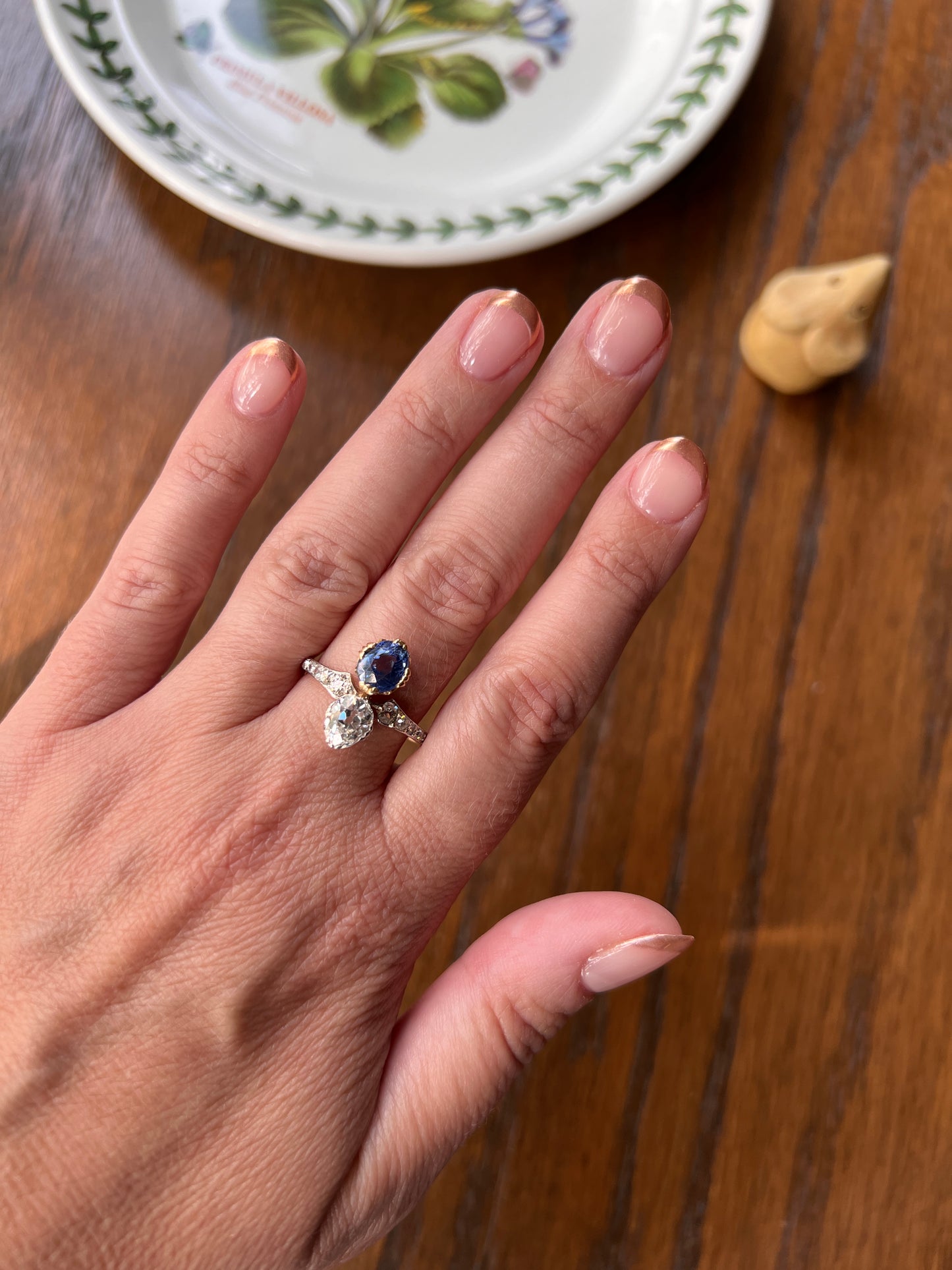 Antique No Heat PEAR Natural Ceylon SAPPHIRE Old Mine Cut DIAMOND Toi et Moi Ring 1 Carat Tdw French 18k Gold Platinum Ring