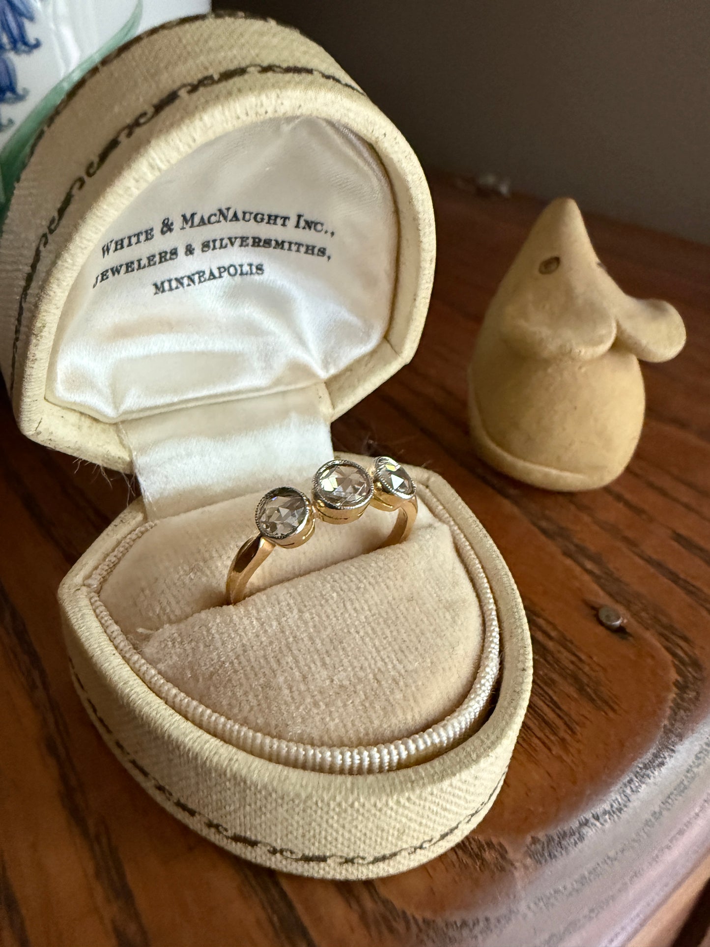 Antique Eye Clean Rose Cut DIAMOND Three Stone Ring Stackable Band Open Back 18k Gold Bezel Set