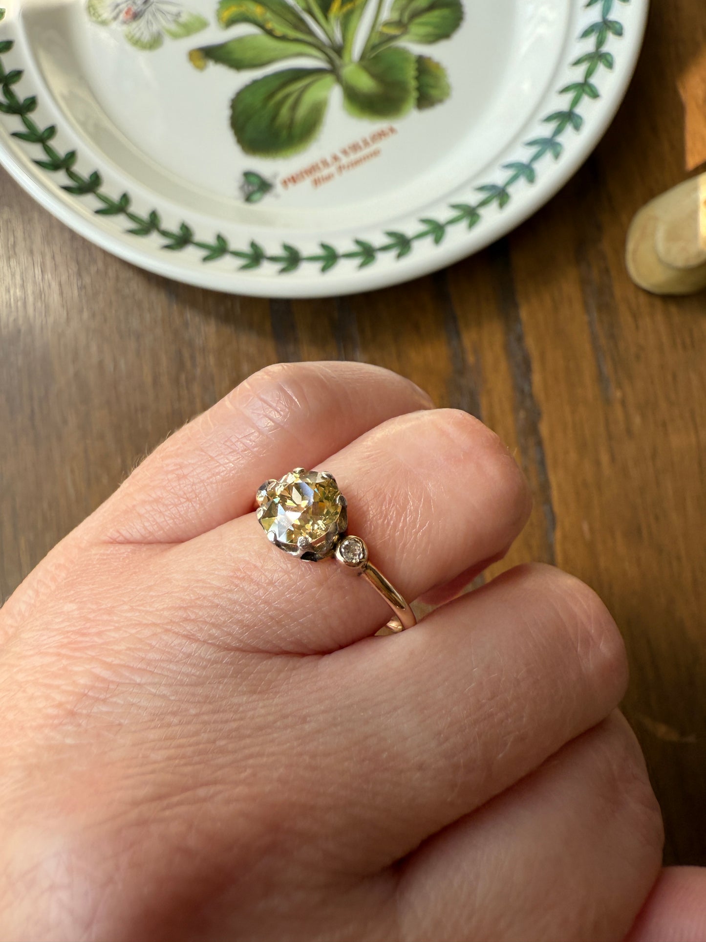 Antique Eye Clean Color Change 1.5 Carat Antique Fancy Champagne Green Yellow Old Mine Cut DIAMOND Solitaire Ring Three Stone 18k Gold