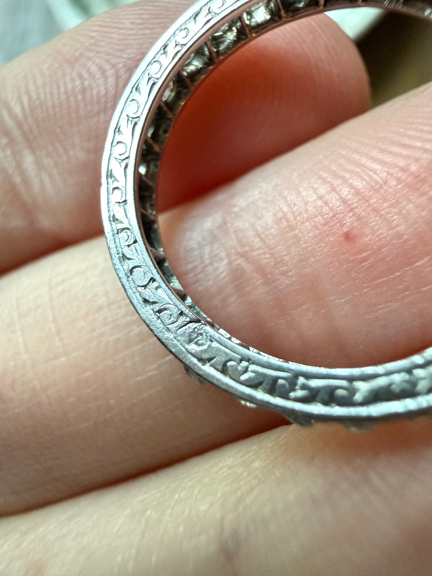 French Antique PLATINUM Chunky 1.5 Carat 29 Old Mine Cut Eternity Band Skinny Wedding Band Engraved Edwardian Stacker
