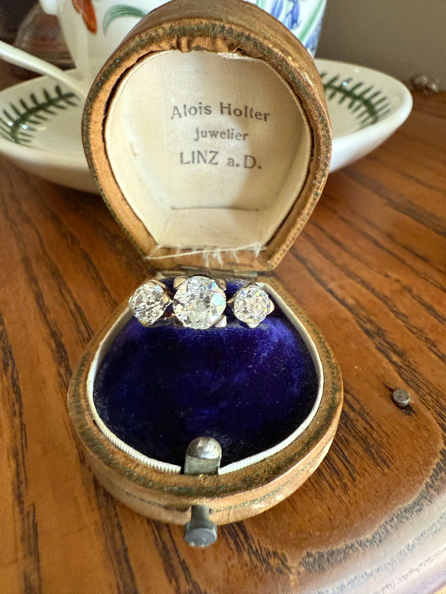 TALL Antique 2 CARATS Three Stone Chunky Old Mine Cut Diamond Ring 18k White Gold Art Deco