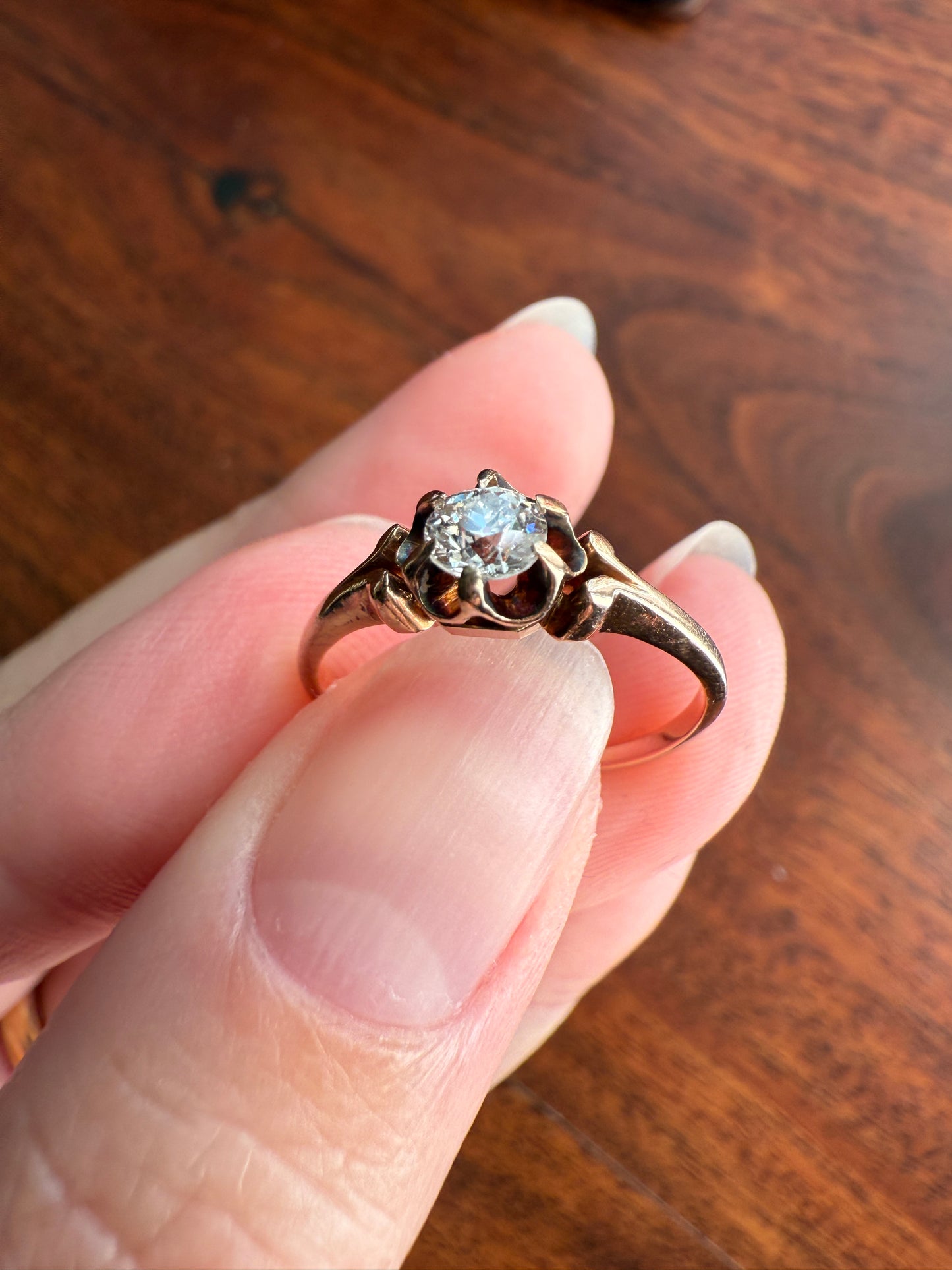 SWEETIE Victorian Antique Old European Cut DIAMOND Solitaire Engagement Wedding Buttercup Ring 14k Gold