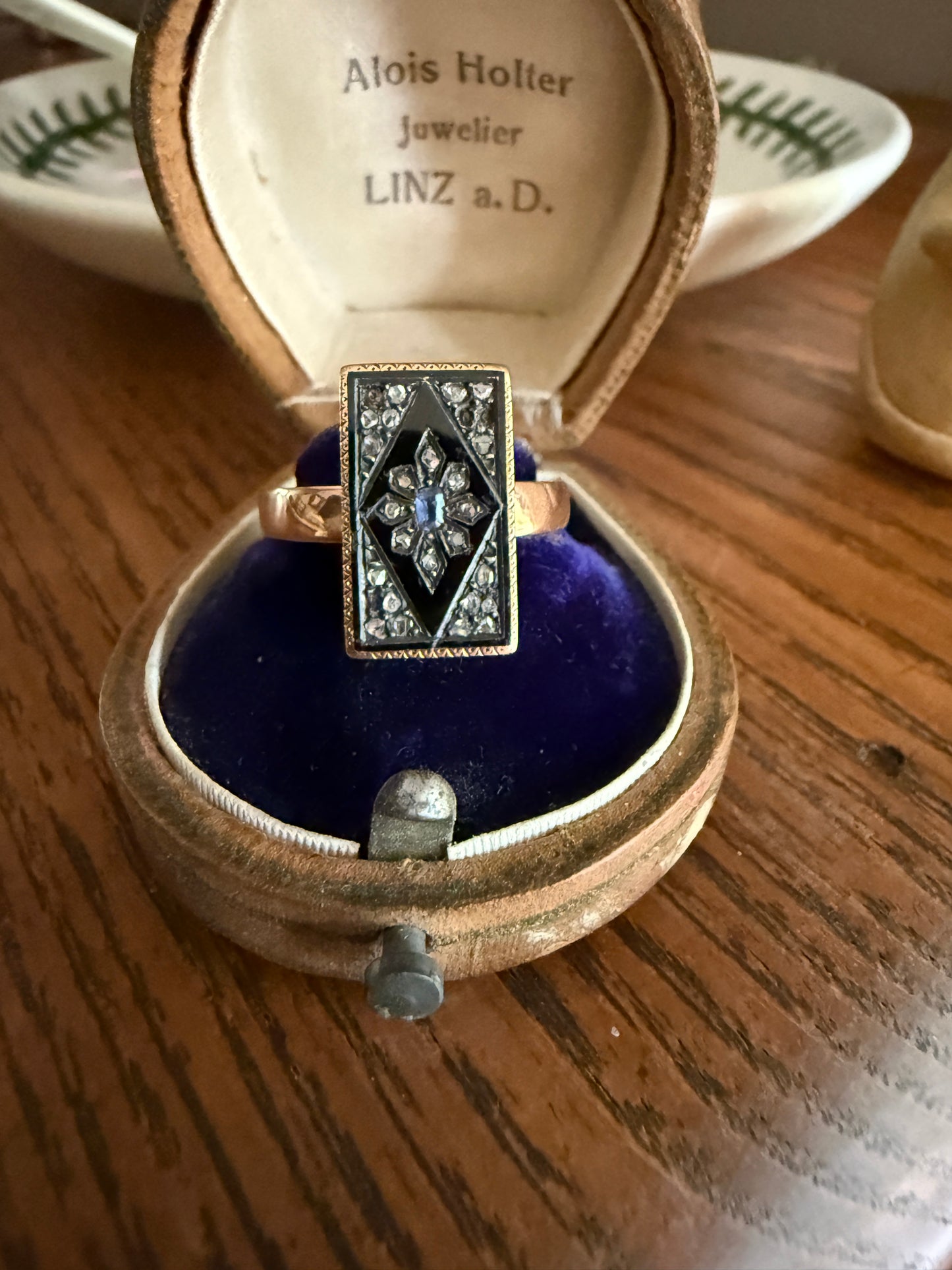Antique Blue SAPPHIRE Rose Cut DIAMOND Black Enamel 14k Rosy Gold Plaque Ring Floral Geometric Rectangular Panel