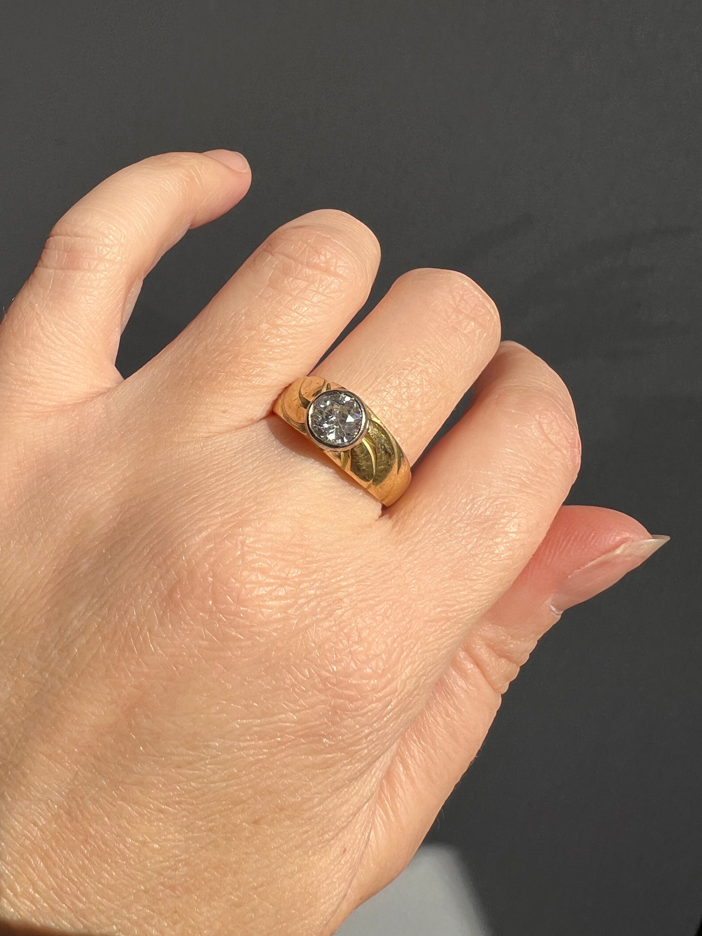 DATED c1900 Chunky .9 Carat Old Mine Cut Diamond Buttercup Gypsy Band Glowing 22k Gold Platinum Ring Unisex