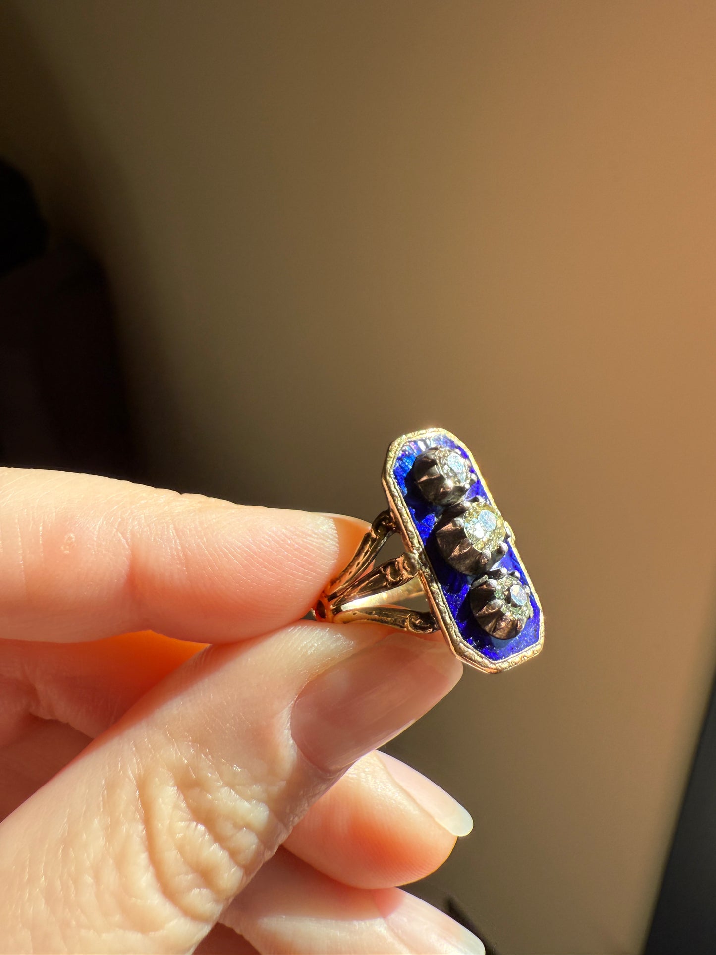 French Antique Georgian Bague Au Firmament .8 Carat Old Mine Cut Diamond Blue Enamel 18k Gold Ring of Heaven STAR Victorian
