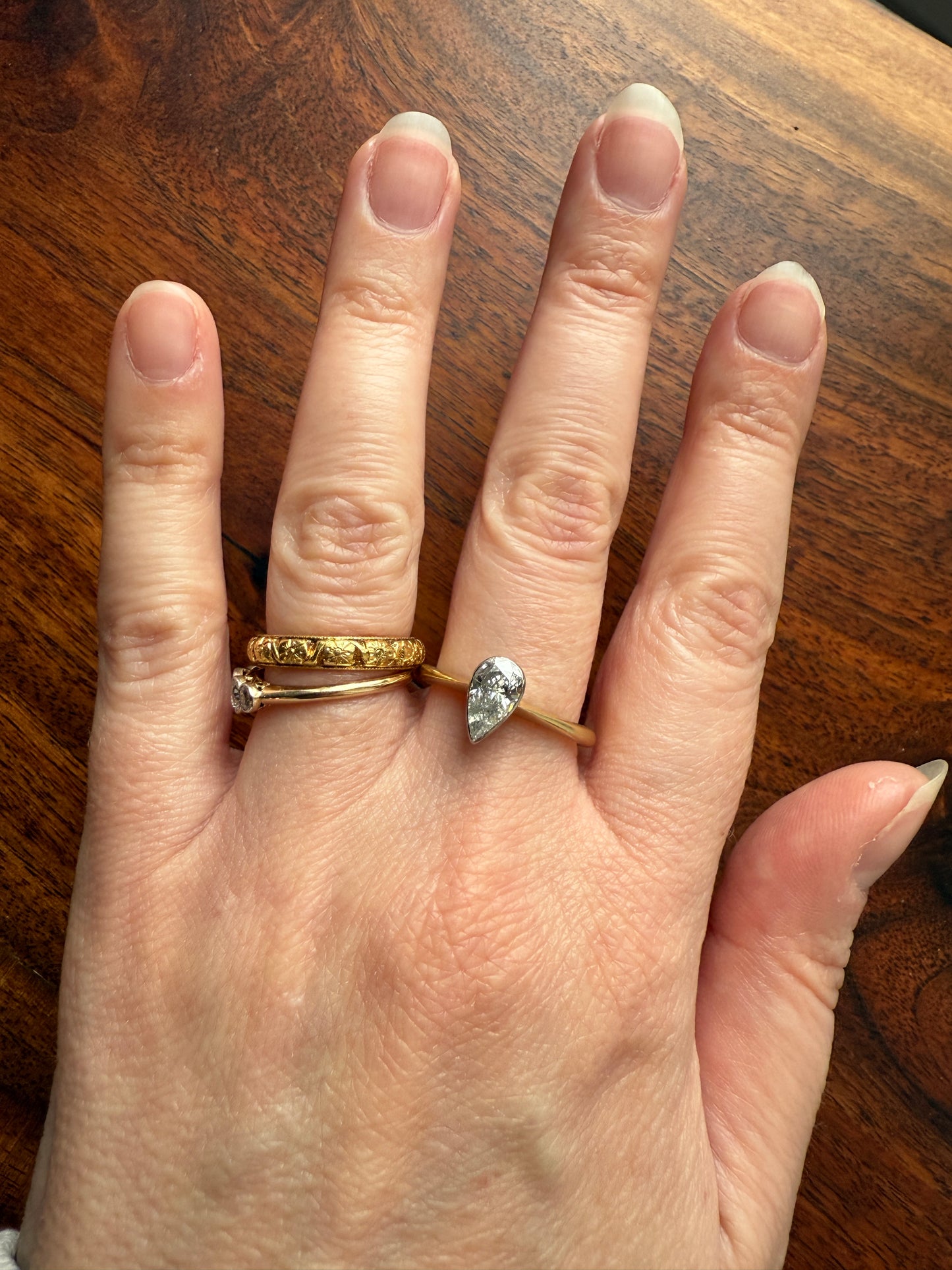 Vintage PEAR Natural Diamond Solitaire Ring One Carat 18k Gold Bezel Set Knife Edge Band Engagement Stacker
