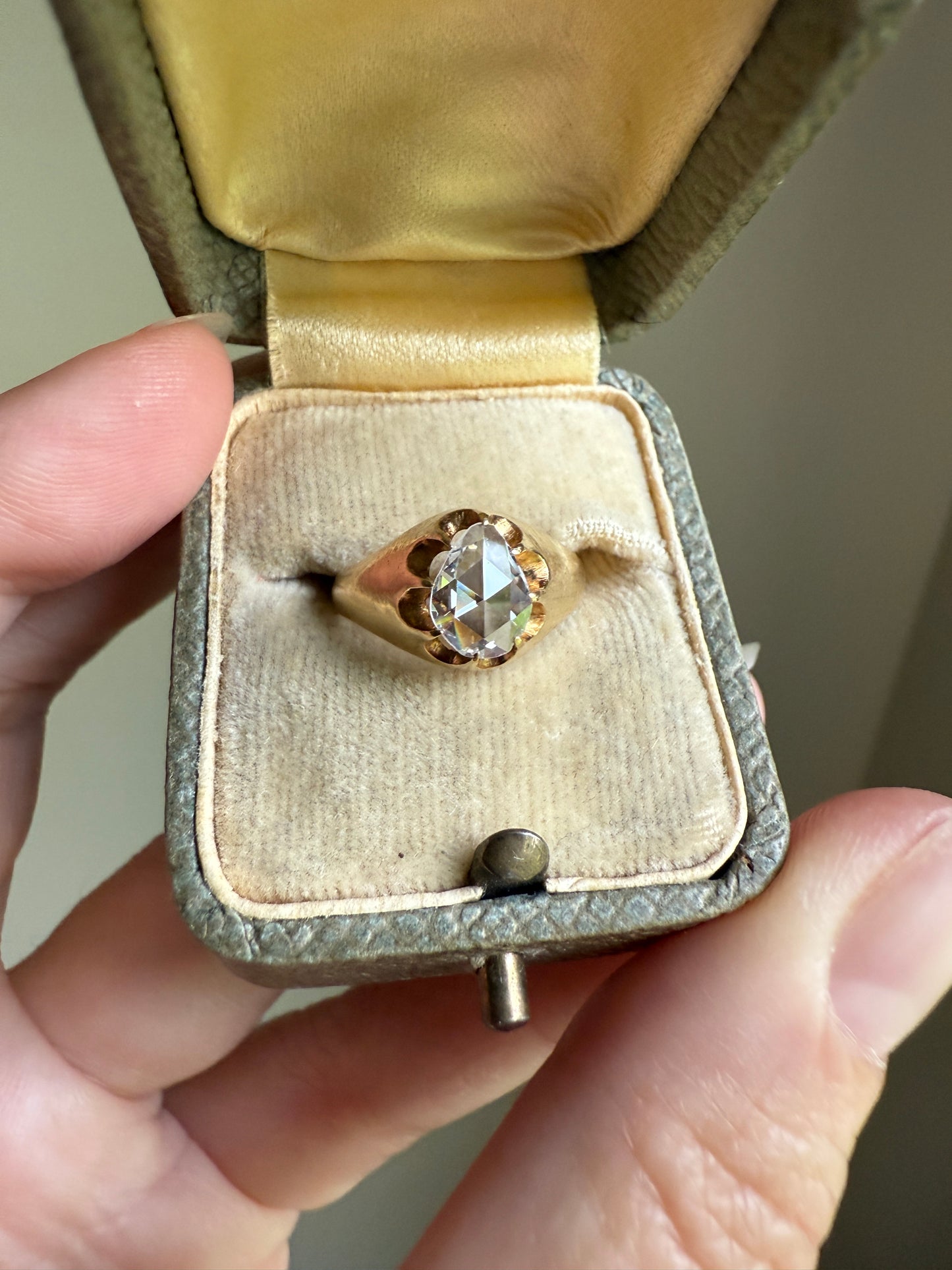 Special PEAR Open Back Rose Cut DIAMOND Original Antique Solitiare 18k Gold Buttercup Belcher Glowing Setting