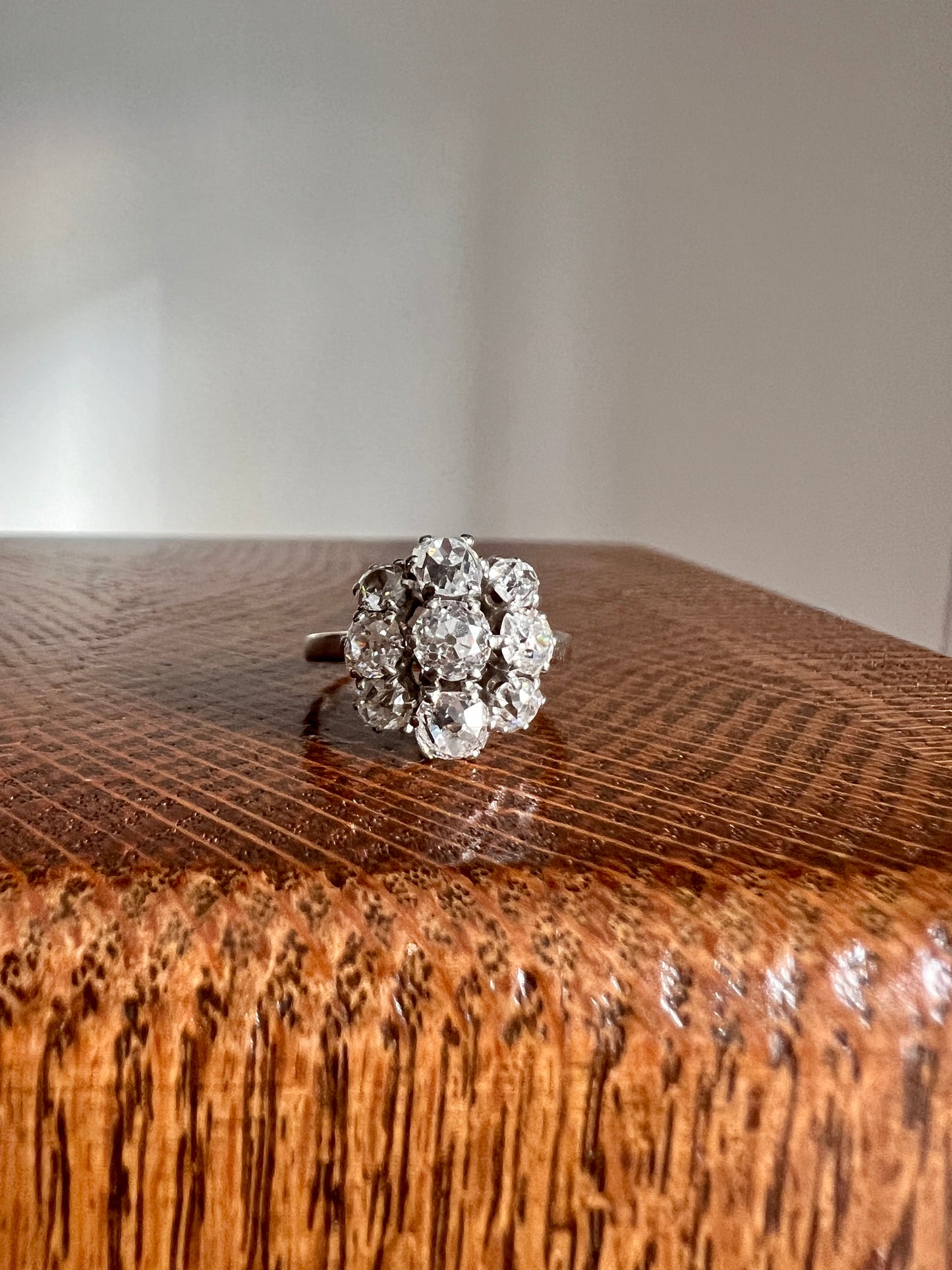 Domed French ANTIQUE 2 1/4 Carats Old Mine Cut DIAMOND Daisy Cluster Ring 18k White Gold