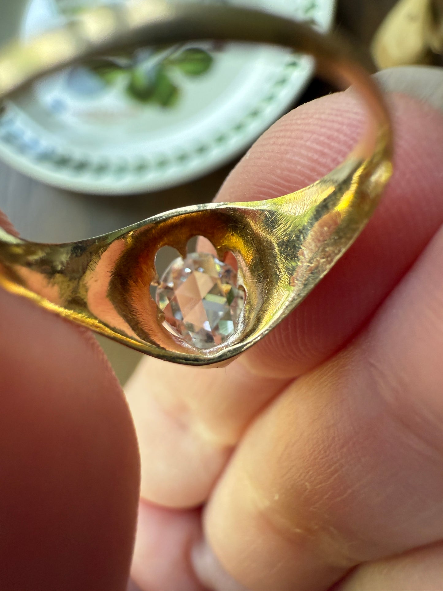 Special PEAR Open Back Rose Cut DIAMOND Original Antique Solitiare 18k Gold Buttercup Belcher Glowing Setting