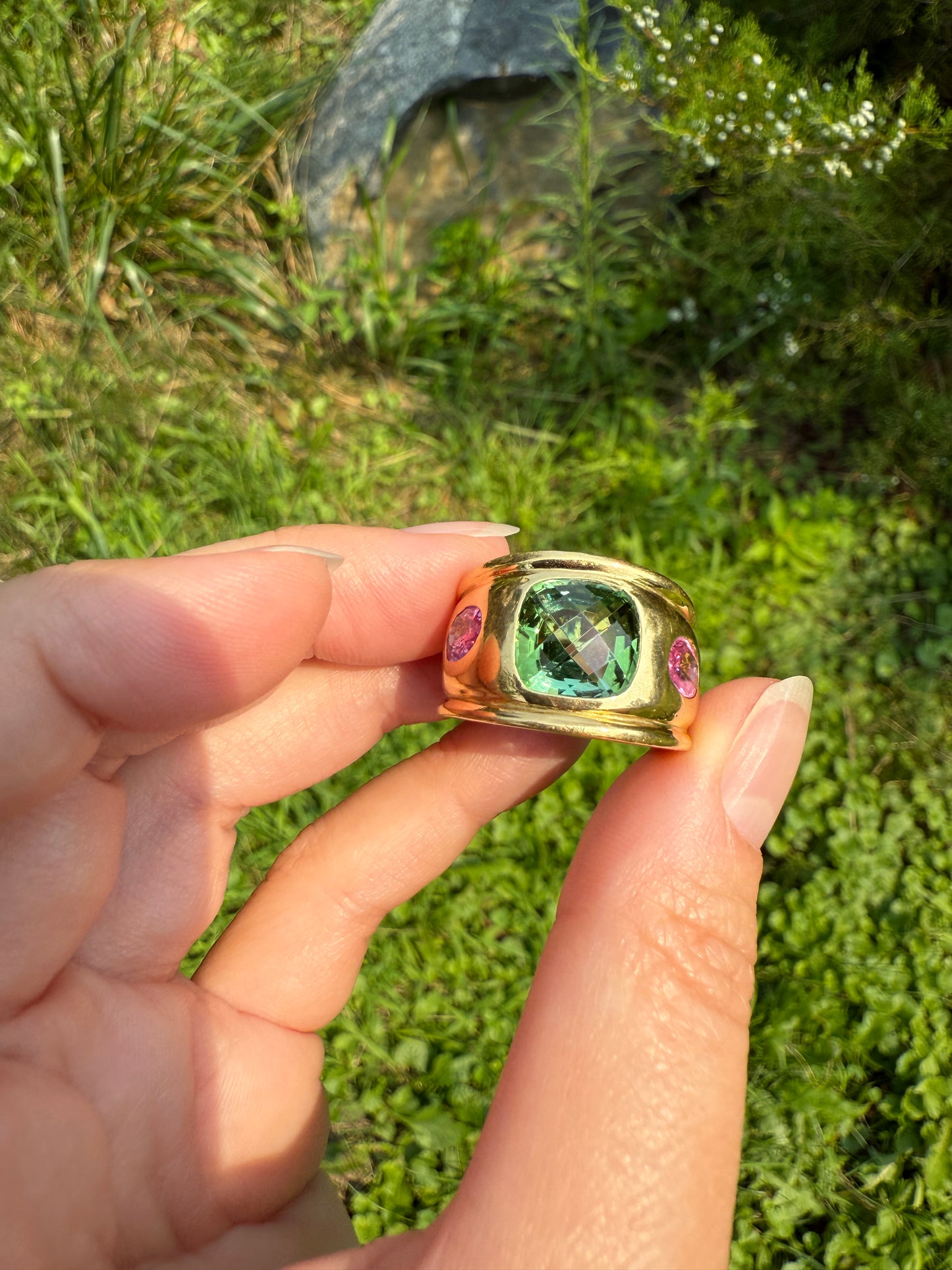 MEGA Green Tourmaline & Pink Sapphire Three Stone Ring HEAVY 20g 18k Gold Solid French Vintage Chunky Stacker Discoball Wide Band Color