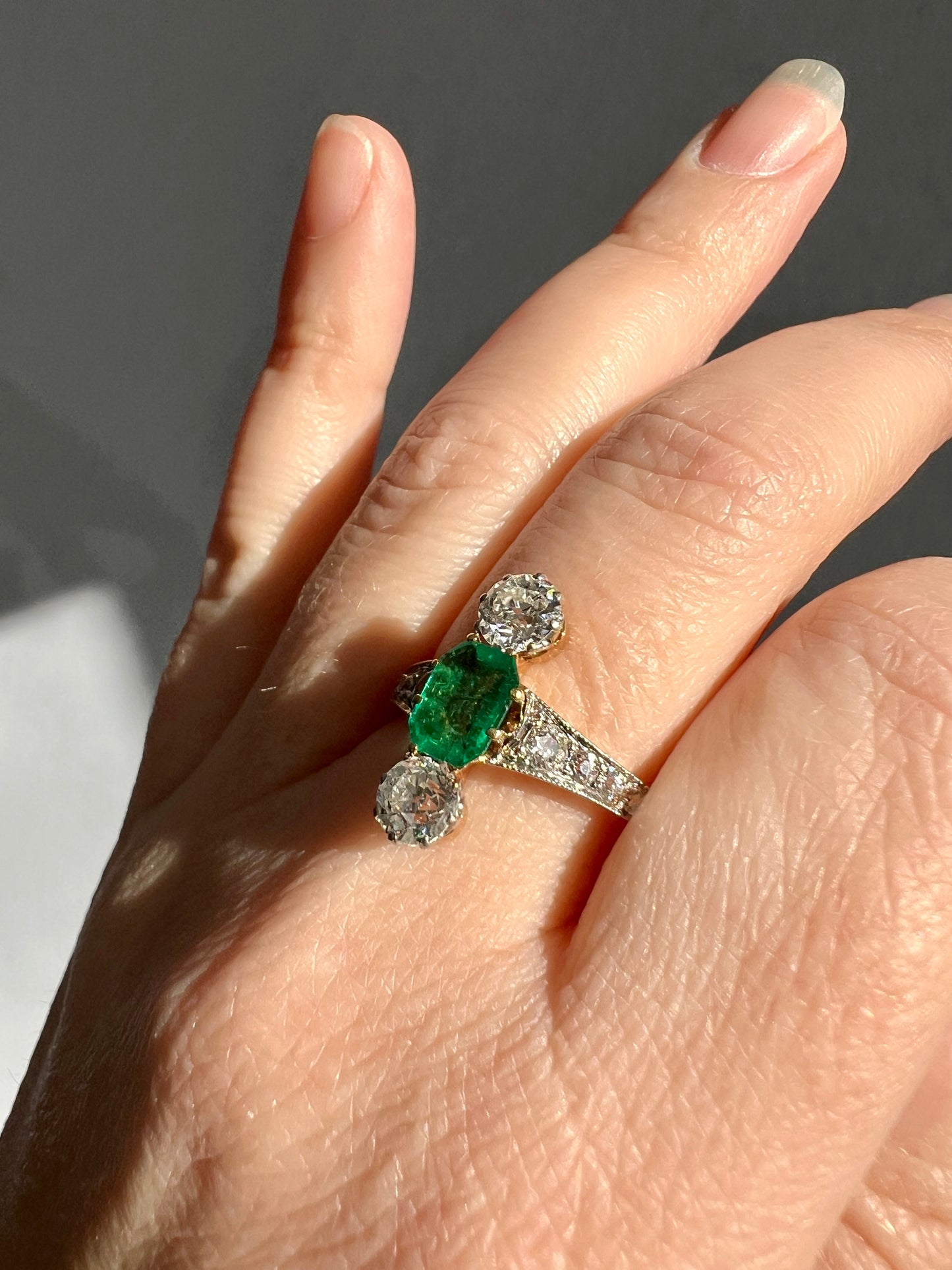 Antique Old Octagon Cut EMERALD 1.5 Carat Old Mine Cut Diamond Line Ring Edwardian Stacker Gift French 18k Gold Platinum Old Step Cut Octagonal