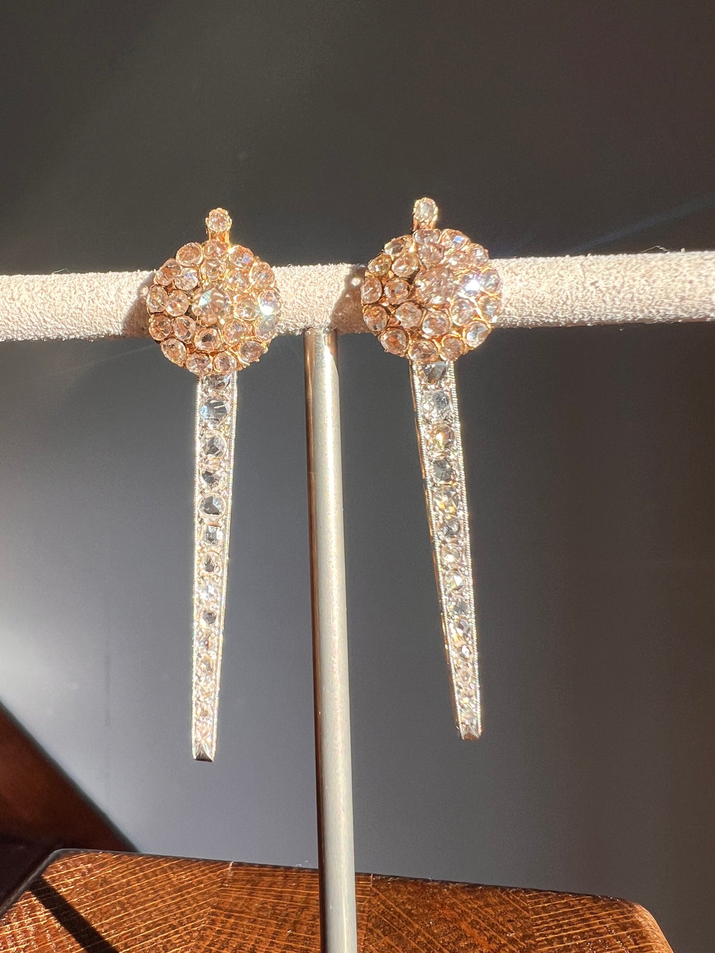 SPIKE French Antique 4 Carats 74 Rose DIAMOND Cluster Dangle Earrings 18k Gold 2.4" LONG Drop Rare