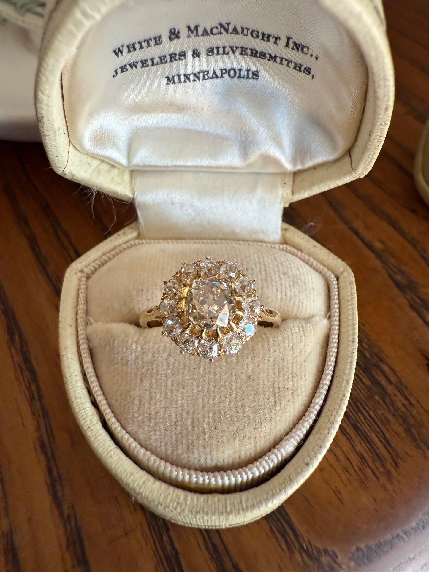 ANTIQUE Eye Clean 1.5 Carat Tdw Champagne Old Mine Cut Diamond Colorless OMC Halo Cluster Ring Victorian Two Tone 1.5Ctw Light Yellow Brown