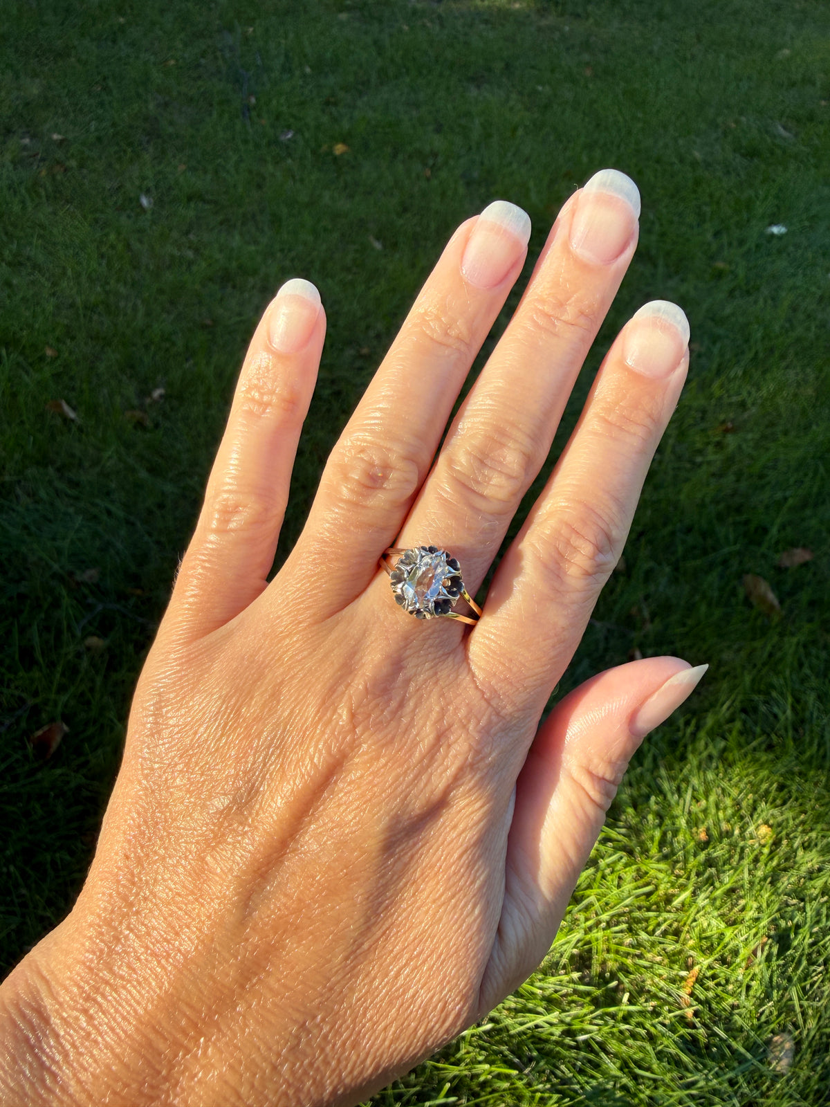 ANTIQUE Elongated Old Mine Cut Oval DIAMOND Silver Star Prong Basket Setting in 10k Gold Unique Buttercup Victorian .6 to 1.2 Ct.