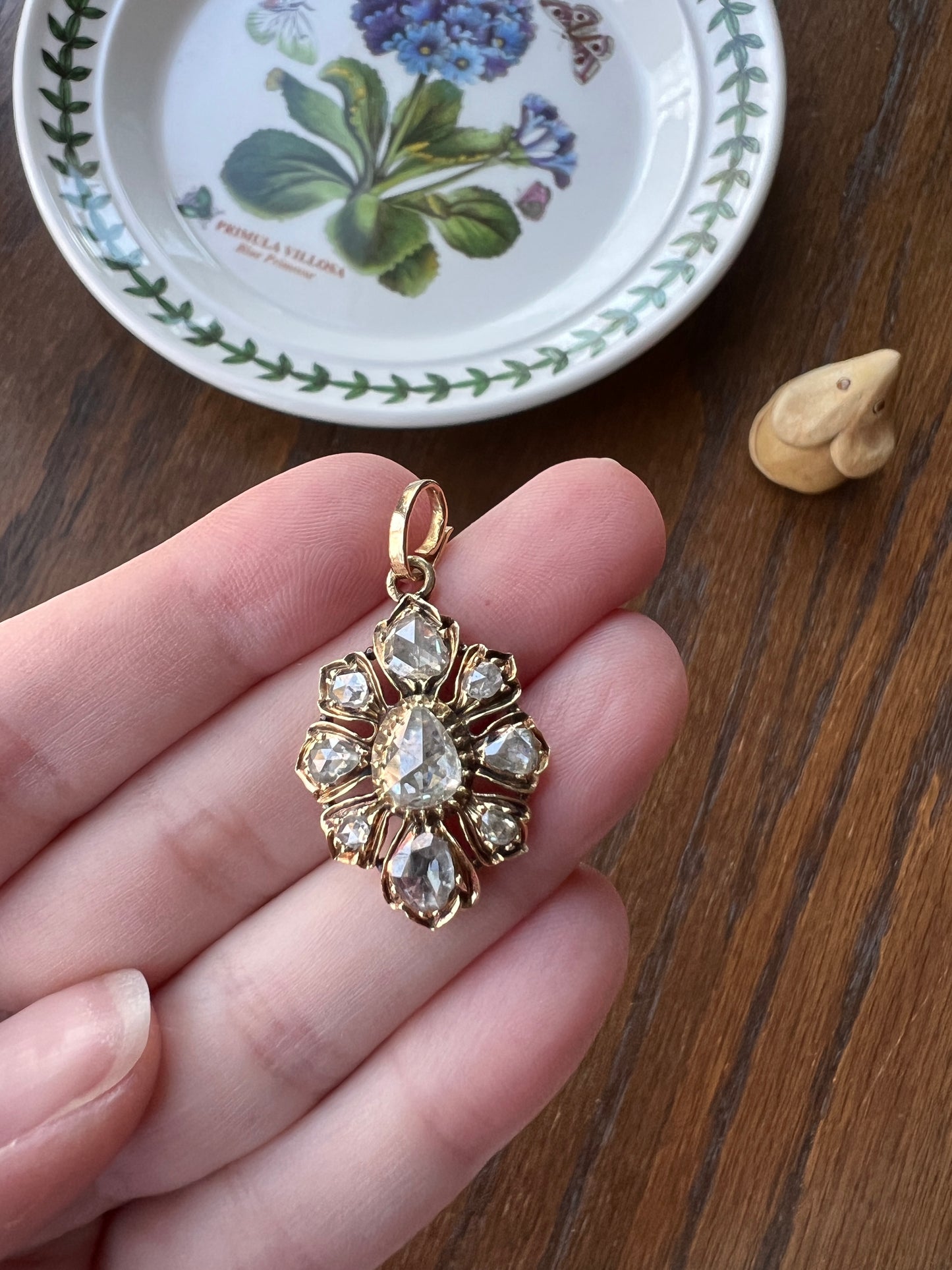 Large Antique FLORAL 2.4 Carats Rose Cut DIAMOND Cluster PENDANT French 18k Gold Victorian Gift Domed Pear