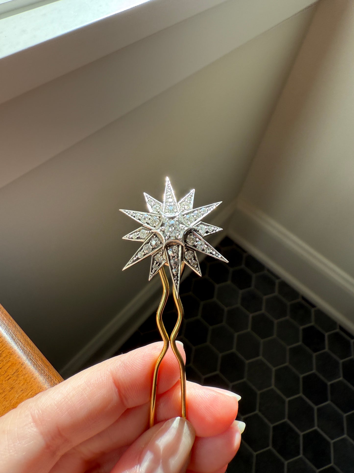 STAR Antique CONVERTIBLE Pendant Hair Pin Brooch BOXED 1 1/4 Carat Old Mine Cut Diamond Cluster 14k Gold Silver Victorian Gift Bridal 1.25Ct