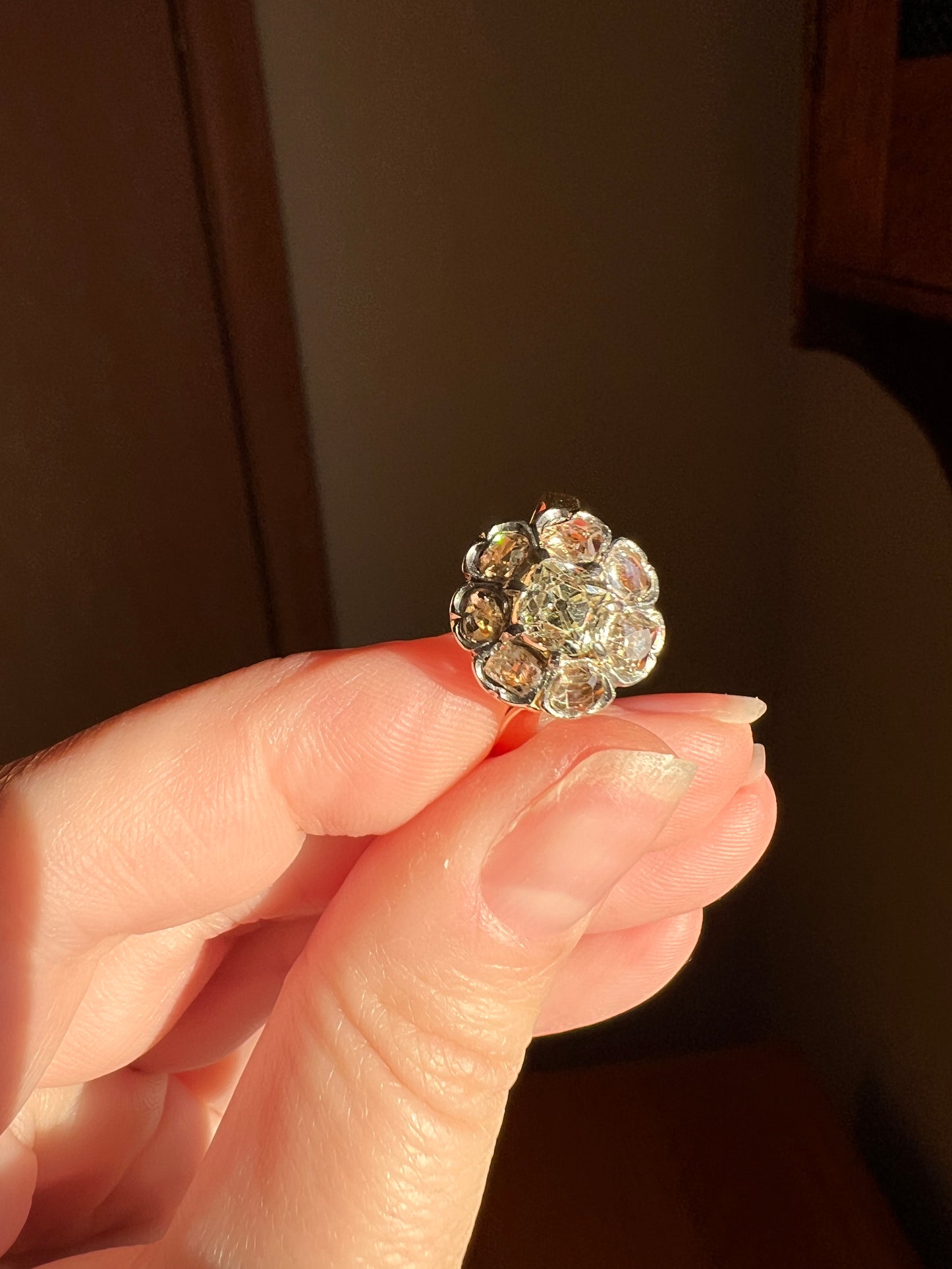 Antique Pale Yellow Center 1.75 Carat Rose Table Old Mine Cut DIAMOND Halo Cluster Ring 18k Gold