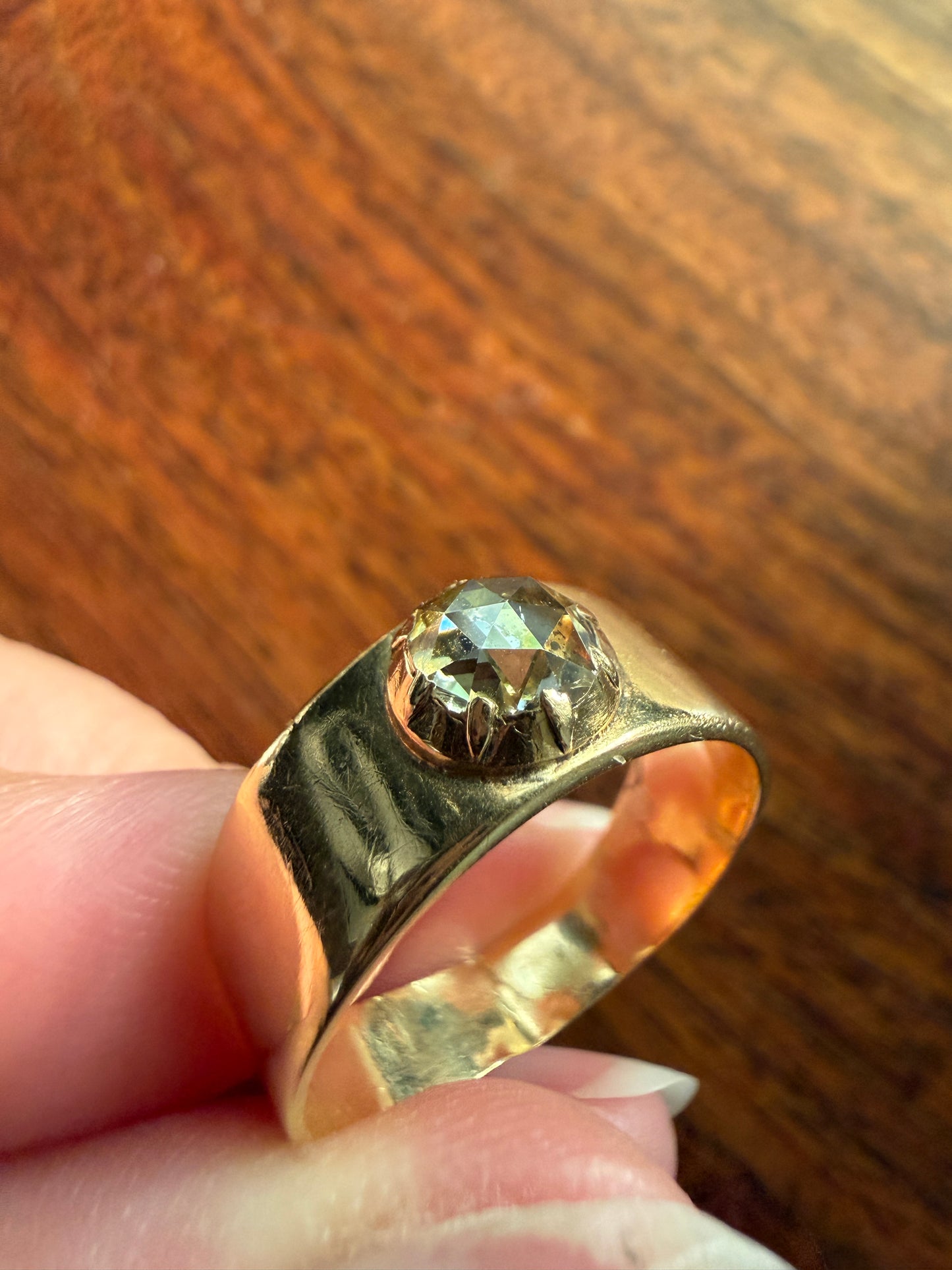 CHUNKY Antique Dome 5.9mm Rose Cut Diamond Ring 8.3mm Wide Cigar Band 4.5g 18k Gold Unisex Stacker Peachy Golden Champagne Disco Ball Collet