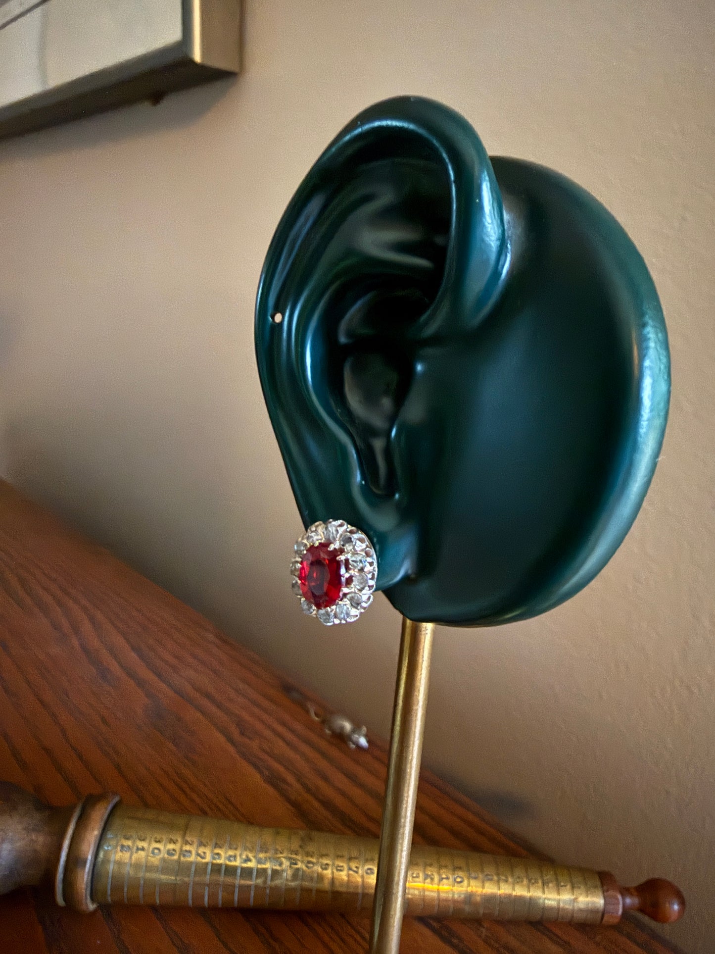 French Antique 18k Gold Red Paste Halo Rose Cut Diamond Earrings Victorian Faux Ruby Garnet Studs