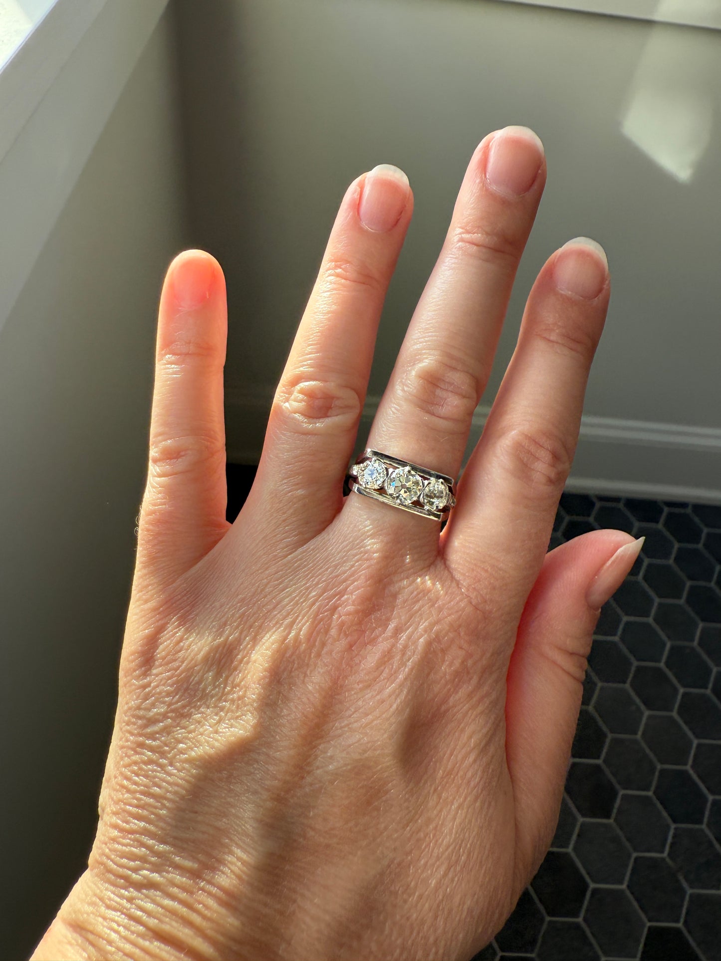 Three Stone Antique 1.75 Carat Old Mine Cut DIAMOND Chunky Tank Geometric Wrap Ring 14k White Gold Platinum Squared Band Stacker