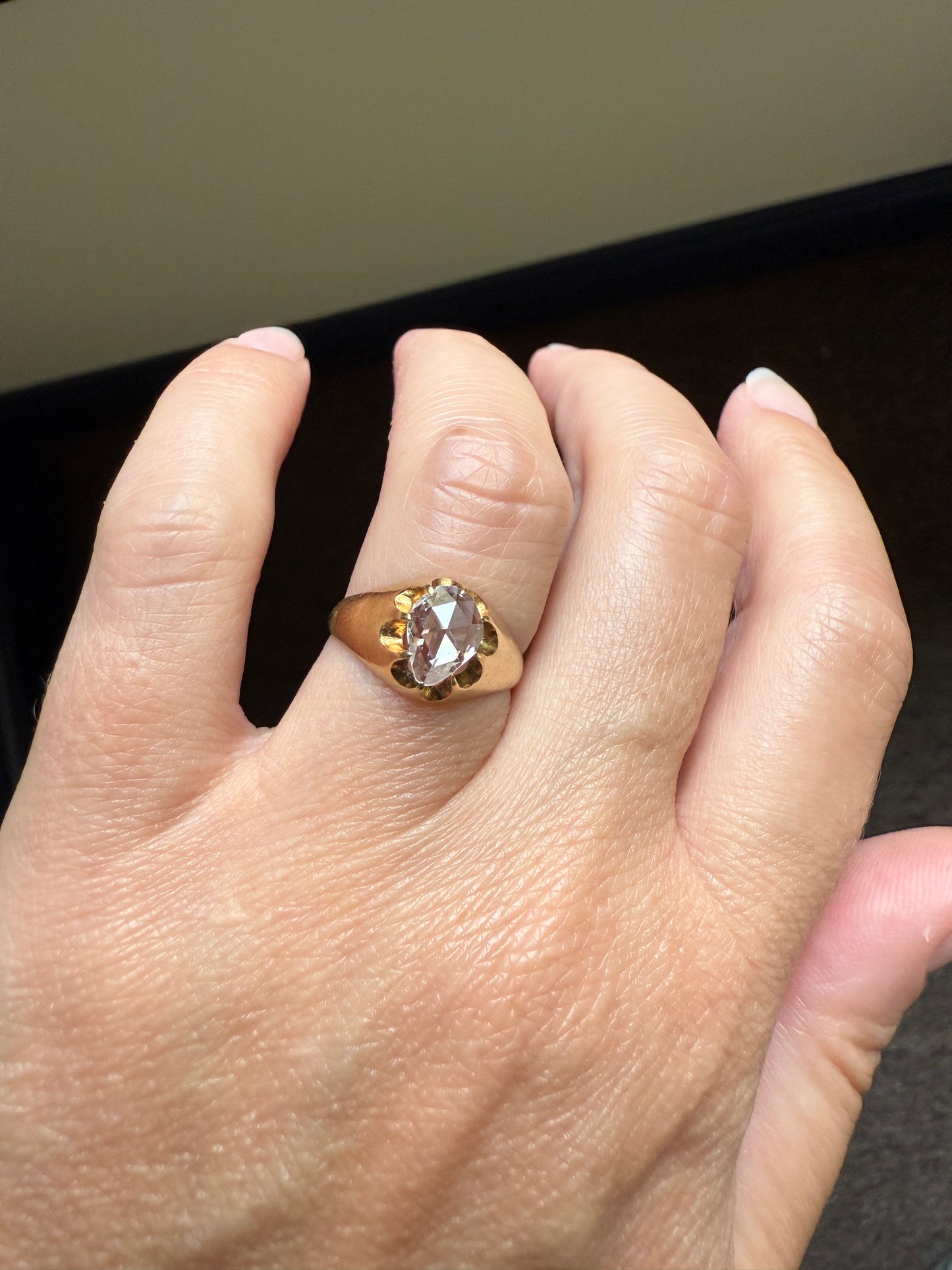 Special PEAR Open Back Rose Cut DIAMOND Original Antique Solitiare 18k Gold Buttercup Belcher Glowing Setting
