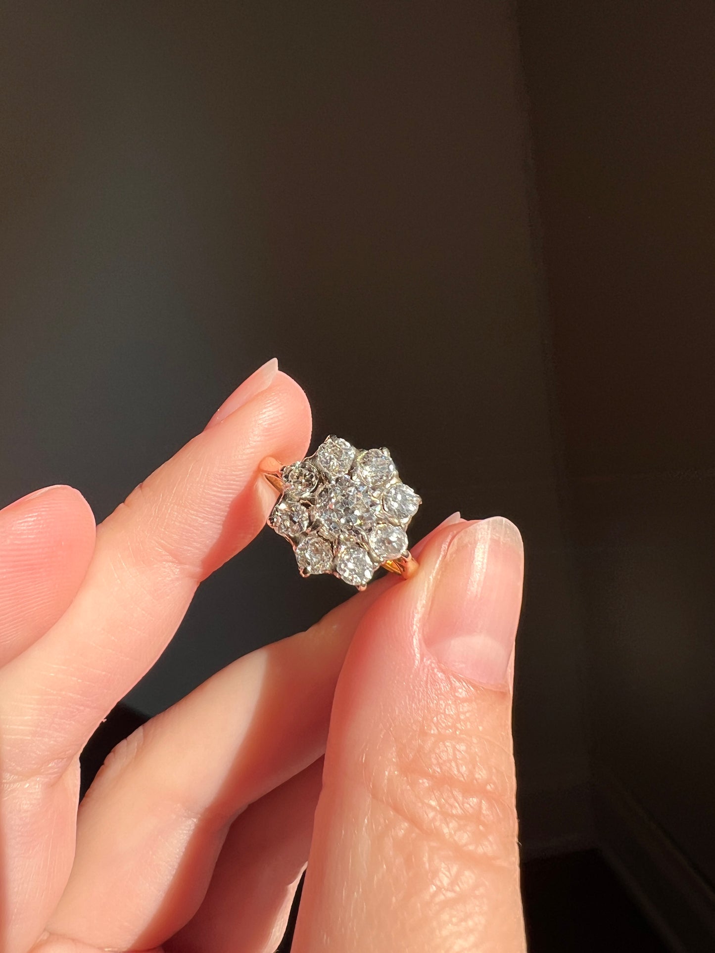 French Antique 2 Carat Old Mine Cut DIAMOND Ring 18k Gold 2Ctw Halo Cluster Stacker Romantic Gift Daisy Engagement