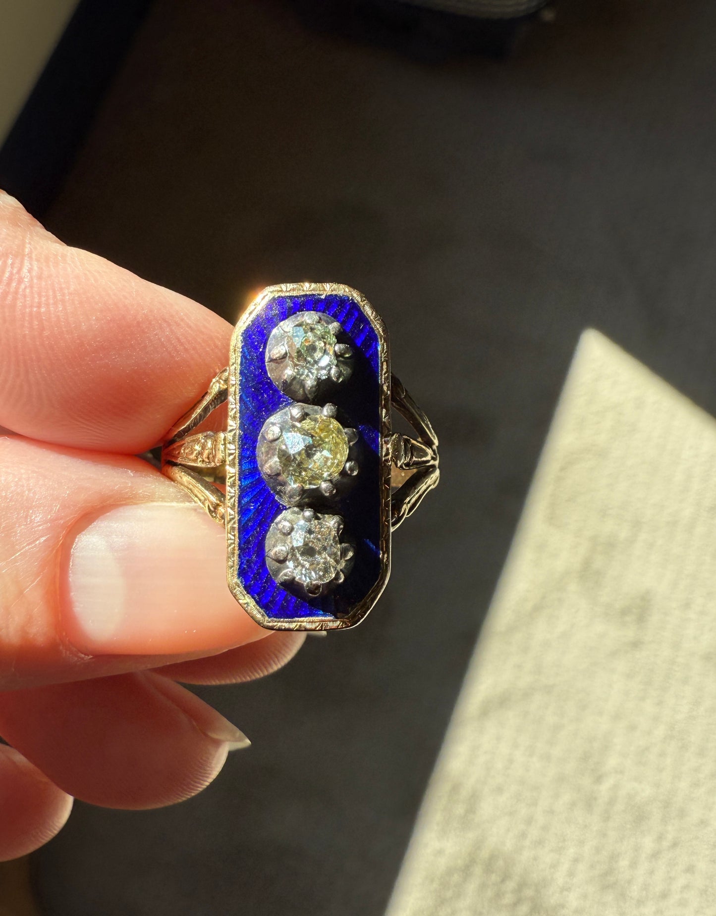French Antique Georgian Bague Au Firmament .8 Carat Old Mine Cut Diamond Blue Enamel 18k Gold Ring of Heaven STAR Victorian