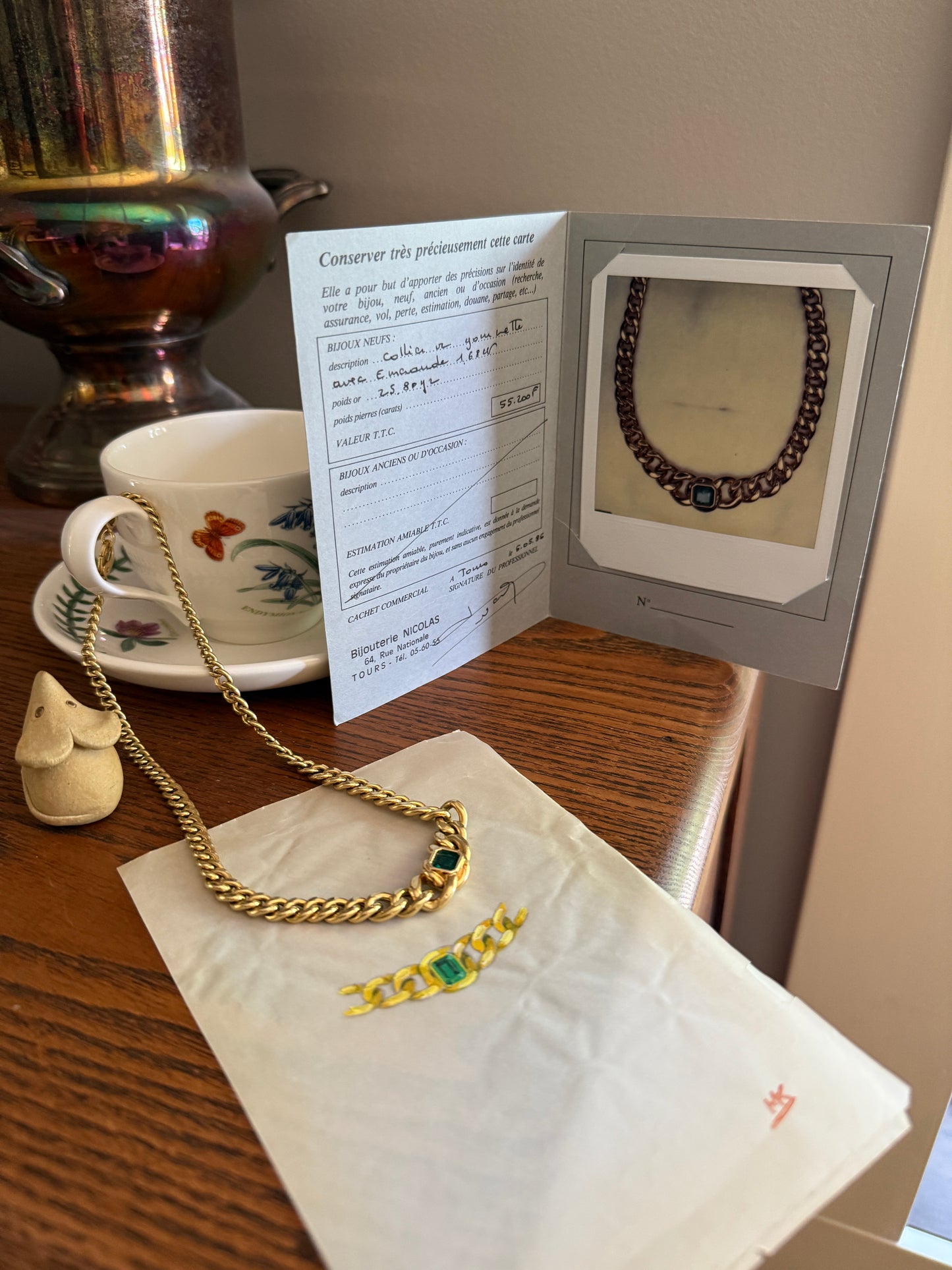 Vintage 26g 18k Gold Natural EMERALD French Curb Chain DATED Cert & ORIGINAL Gouache Drawing Design Heavy Unisex Chunky Green