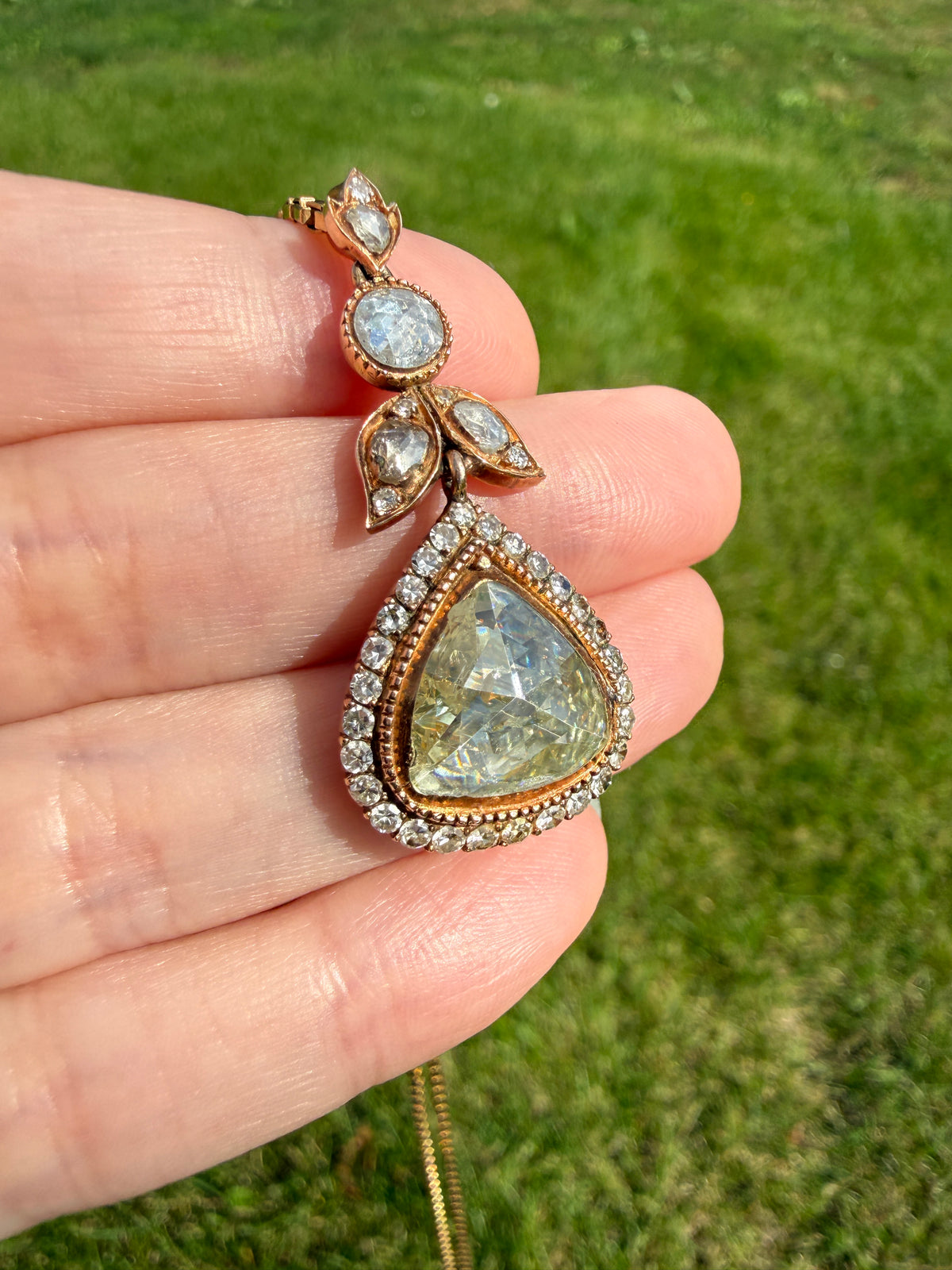 PEAR Triangular Antique XL Natural 3.5 Carats Old Dutch Rose Cut DIAMOND Pendant 14k Gold 5.4 Carats Face Up Retro Vintage 18k Venetian Chain