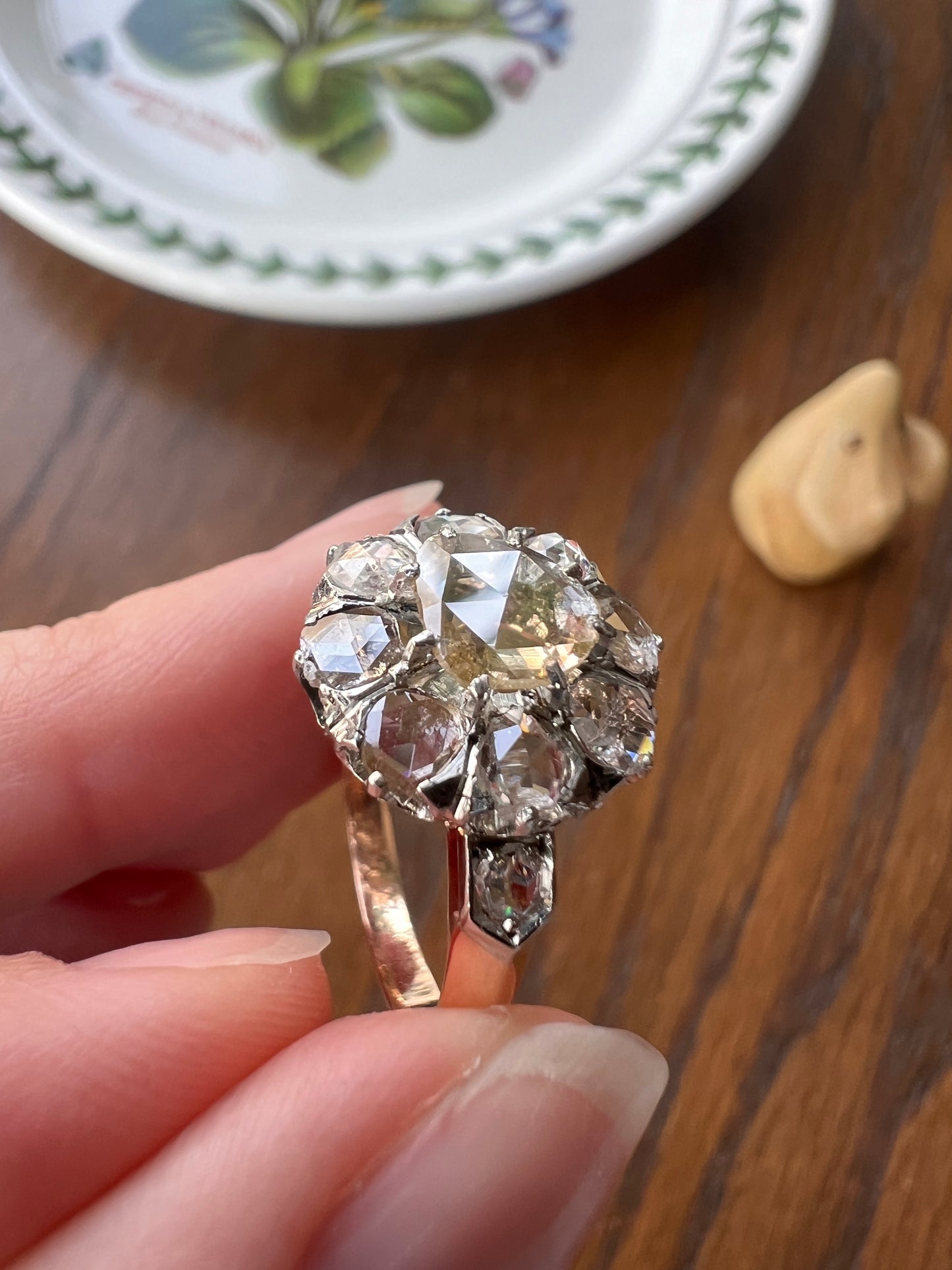 ANTIQUE 1.3 CARAT Rose Cut DIAMOND Clear Disco Daisy Cluster Ring French Victorian Era 18k Gold Platinum