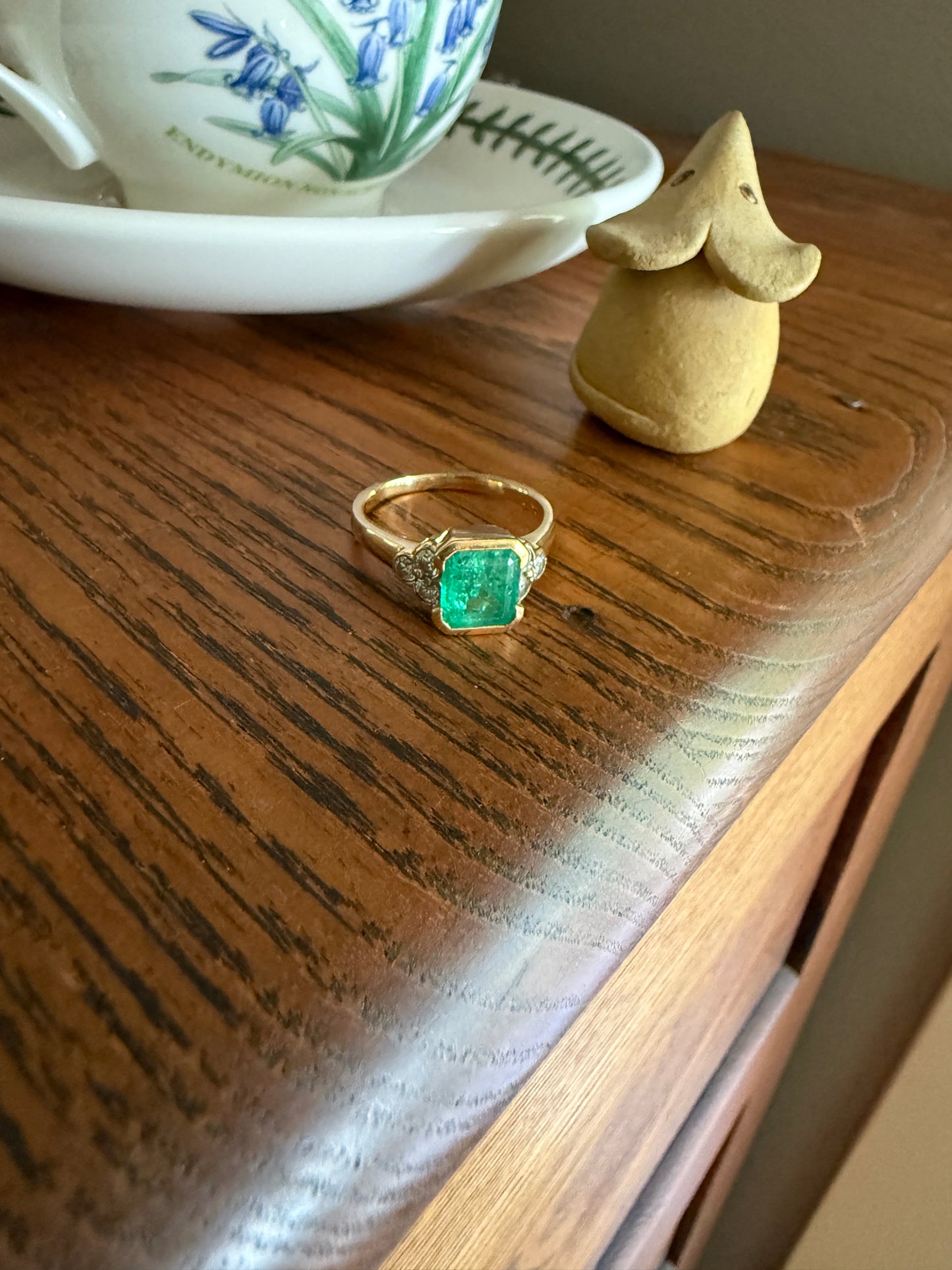 Vintage Rectangular Emerald Diamond Seven Stone Ring French 18k Gold Band Retro Stacker Green Sparkle Colorful Gift Tall Demi Bezel