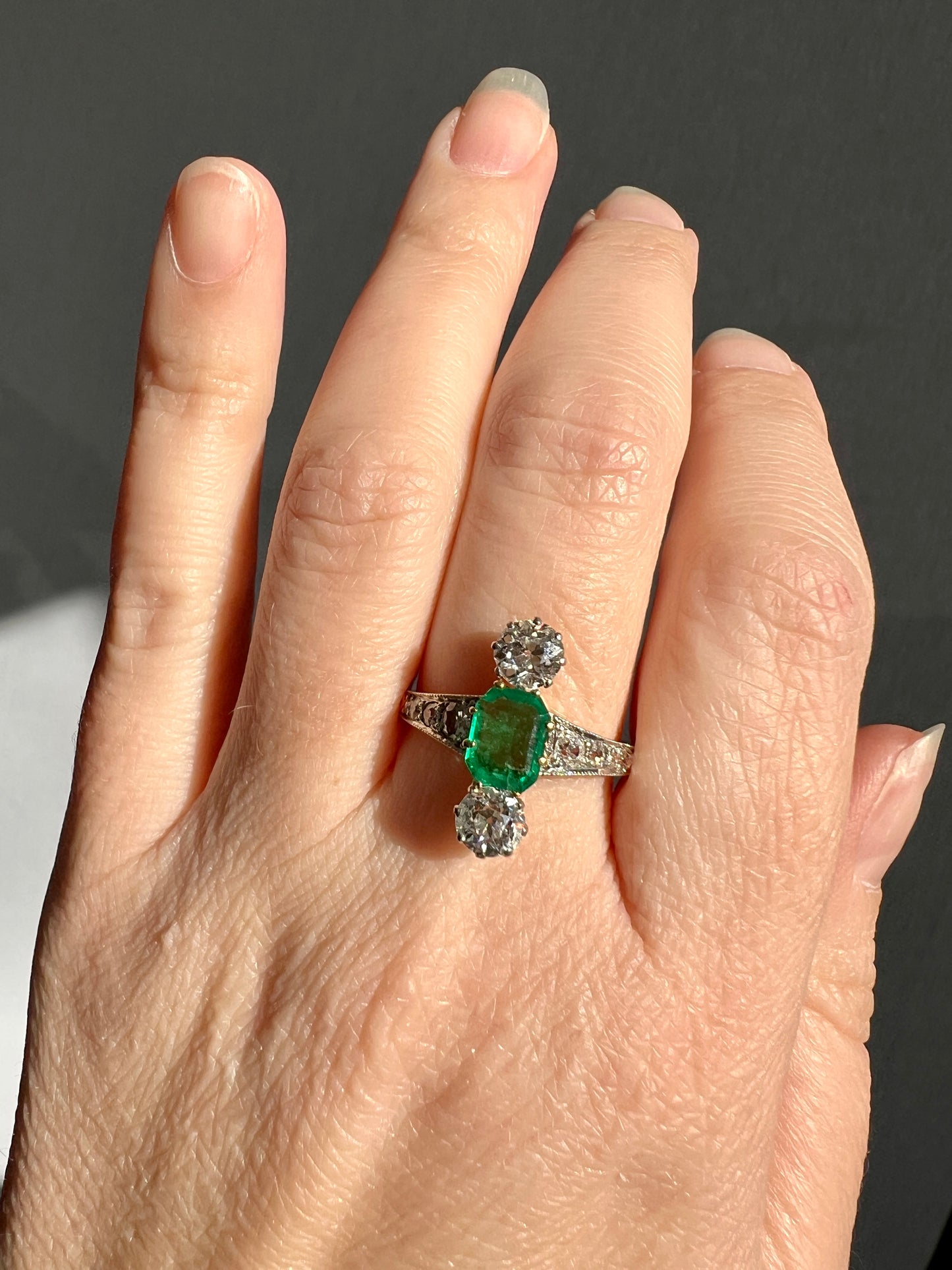 Antique Old Octagon Cut EMERALD 1.5 Carat Old Mine Cut Diamond Line Ring Edwardian Stacker Gift French 18k Gold Platinum Old Step Cut Octagonal