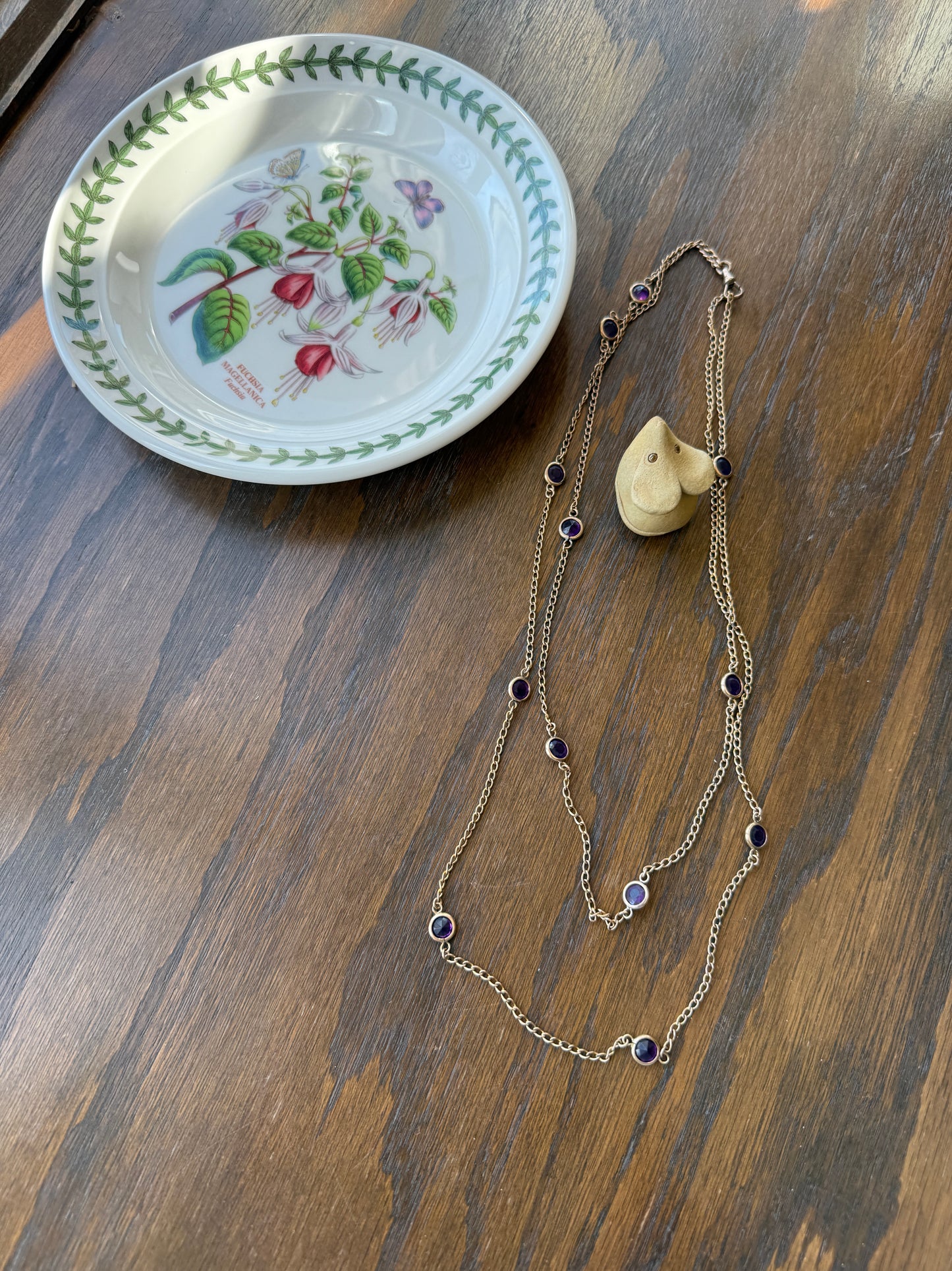 Antique Rosy Gold Filled Long Guard Muff Pocket Watch Station Body Chain Faux Amethyst Purple Paste X-Long Dog Clip 17.8g 46" Linear Length