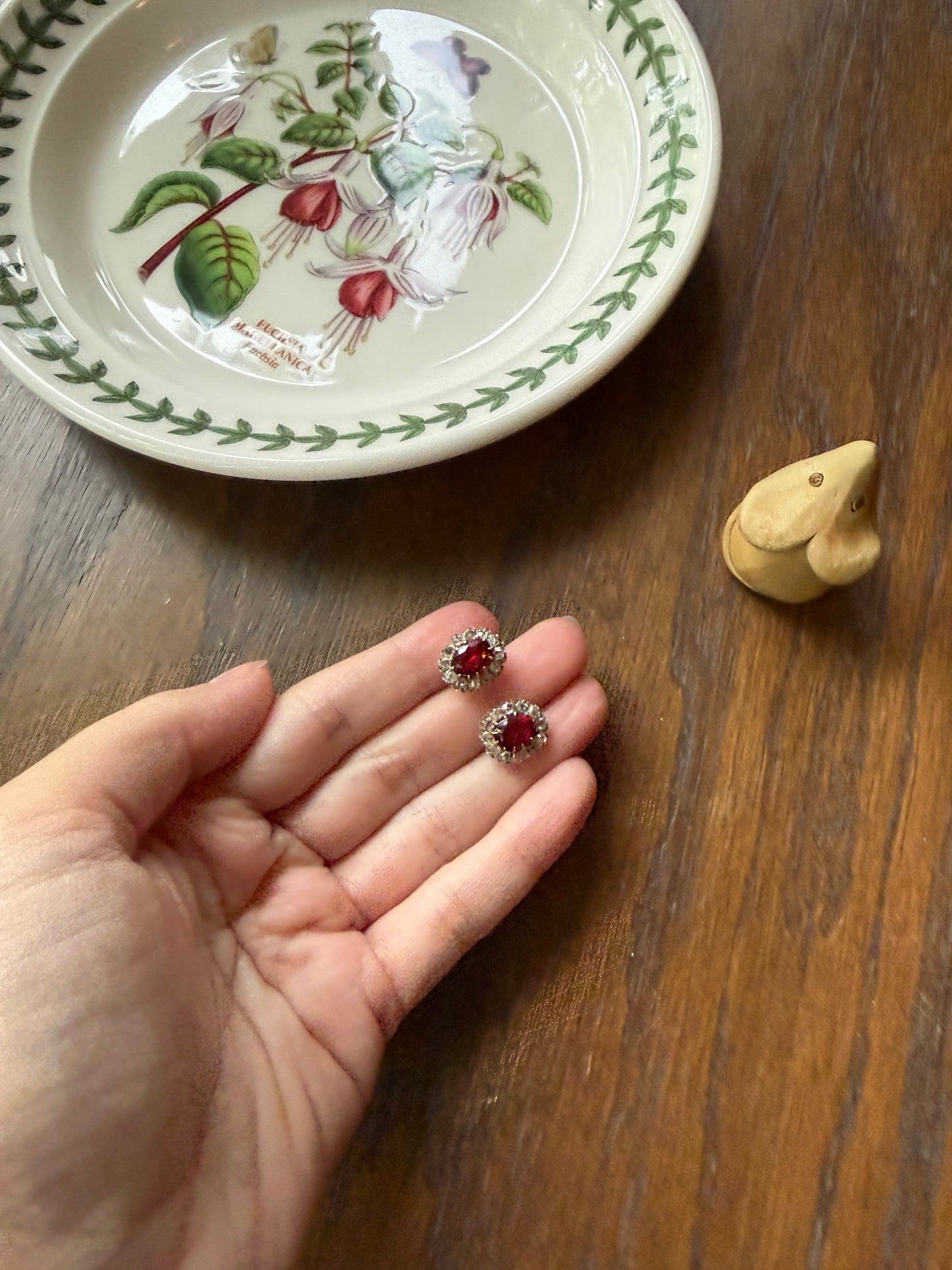 French Antique 18k Gold Red Paste Halo Rose Cut Diamond Earrings Victorian Faux Ruby Garnet Studs